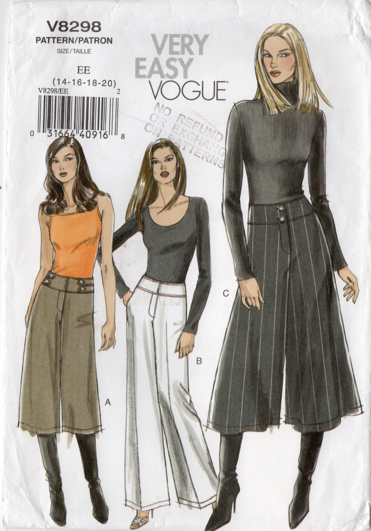 2000's Vogue Straight Leg or Gaucho Pants Pattern - Waist 28-34" - No. V8298
