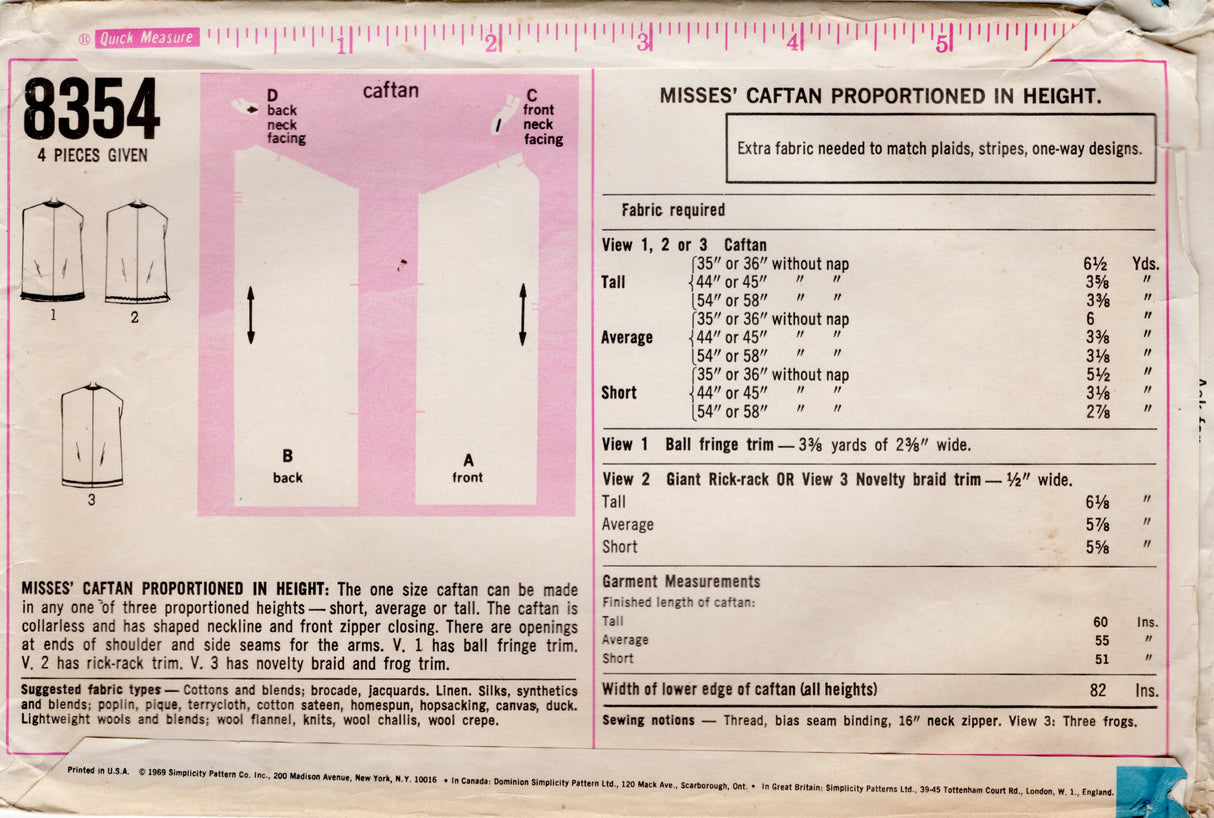 1960's Simplicity Caftan Dress Pattern - One Size - No. 8354