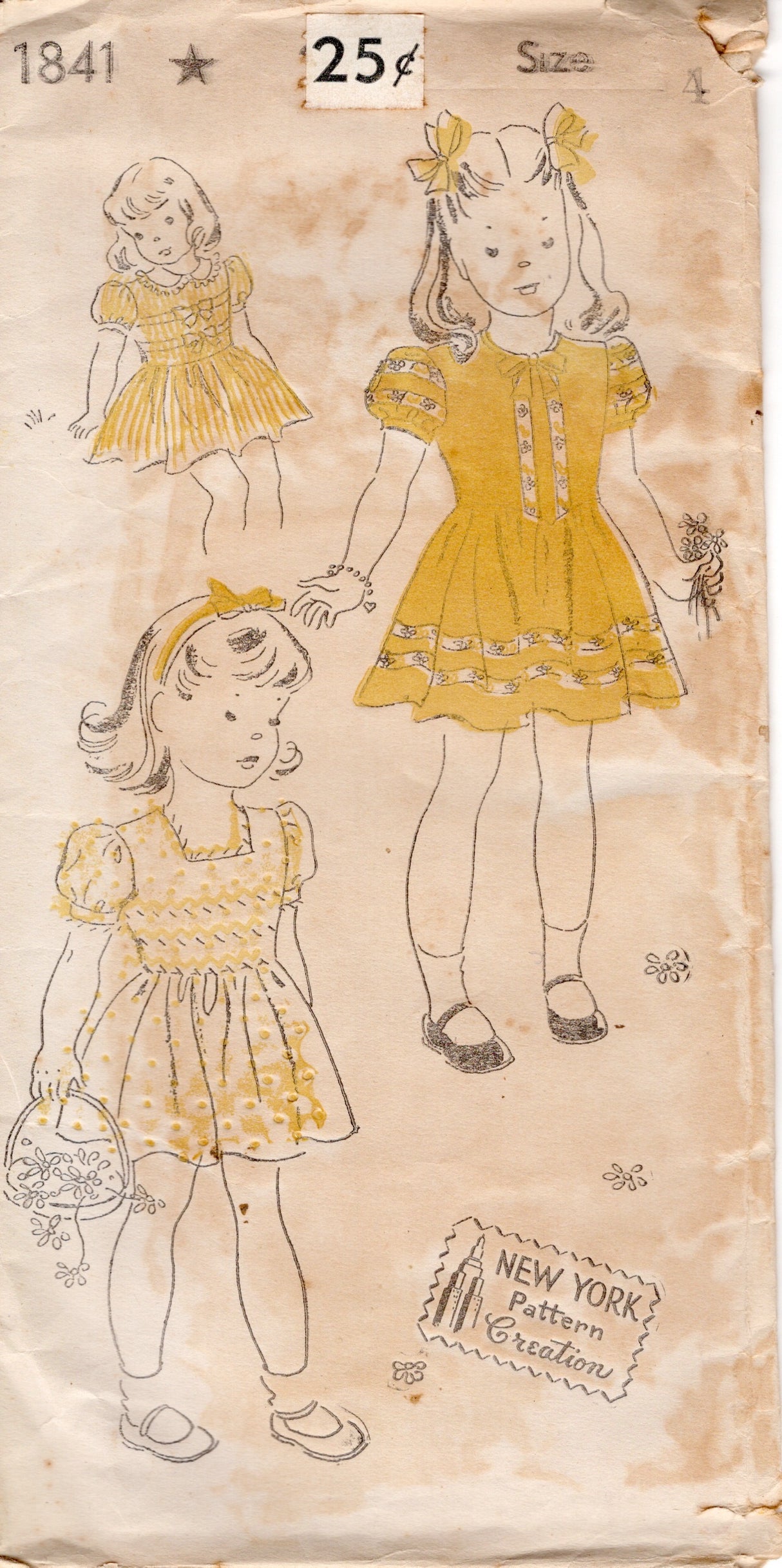 1940's New York Girl's One Piece Dress with Peter Pan Collar or Round or Square Neckline - Breast 23" - No. 1841