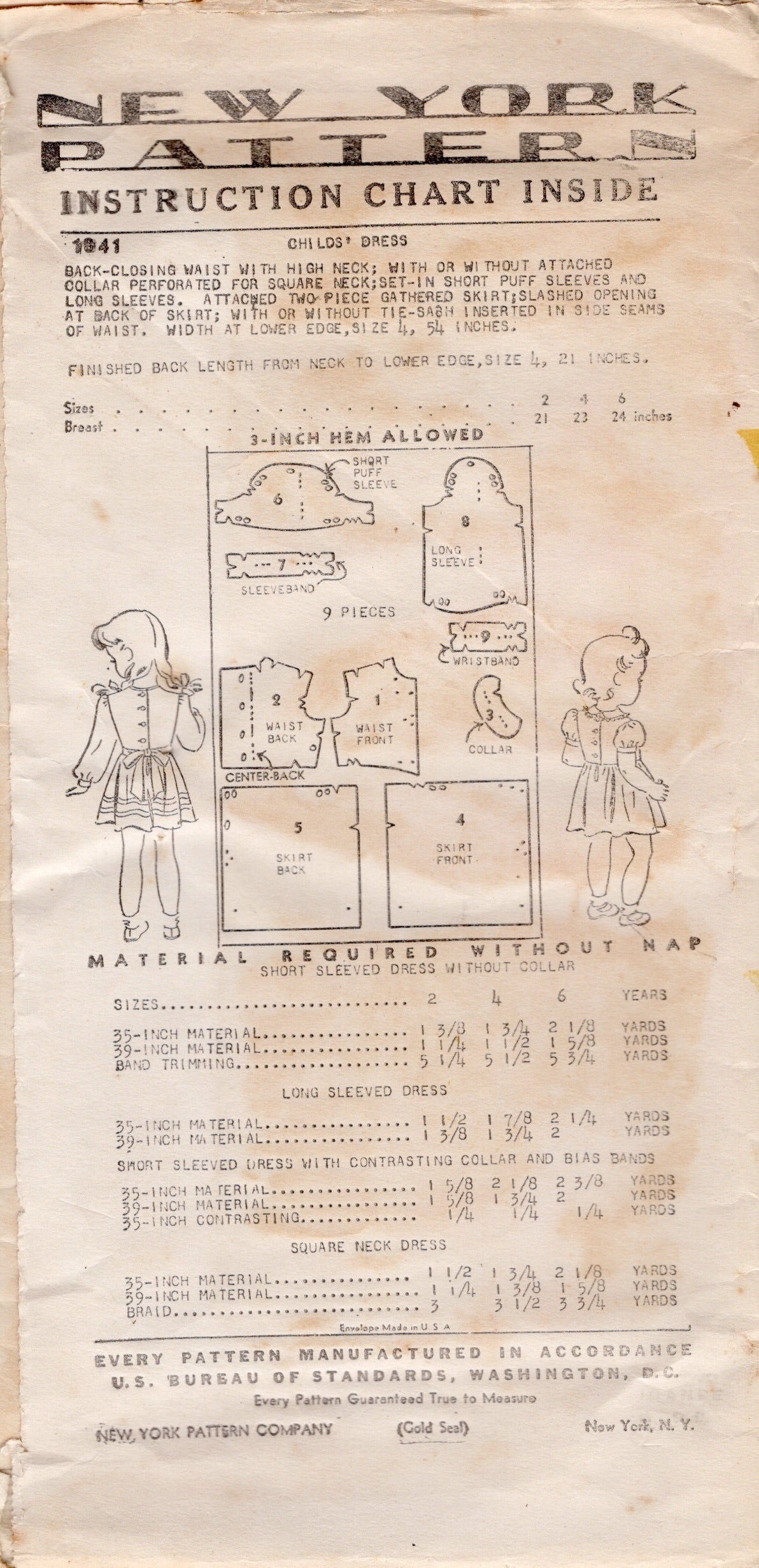 1940's New York Girl's One Piece Dress with Peter Pan Collar or Round or Square Neckline - Breast 23" - No. 1841