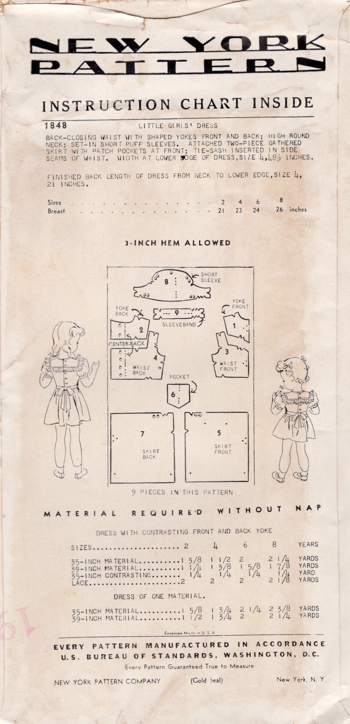 1940's New York Child's One Piece Dress with Large Yoke and Tie Back - Chest 23" - No. 1848