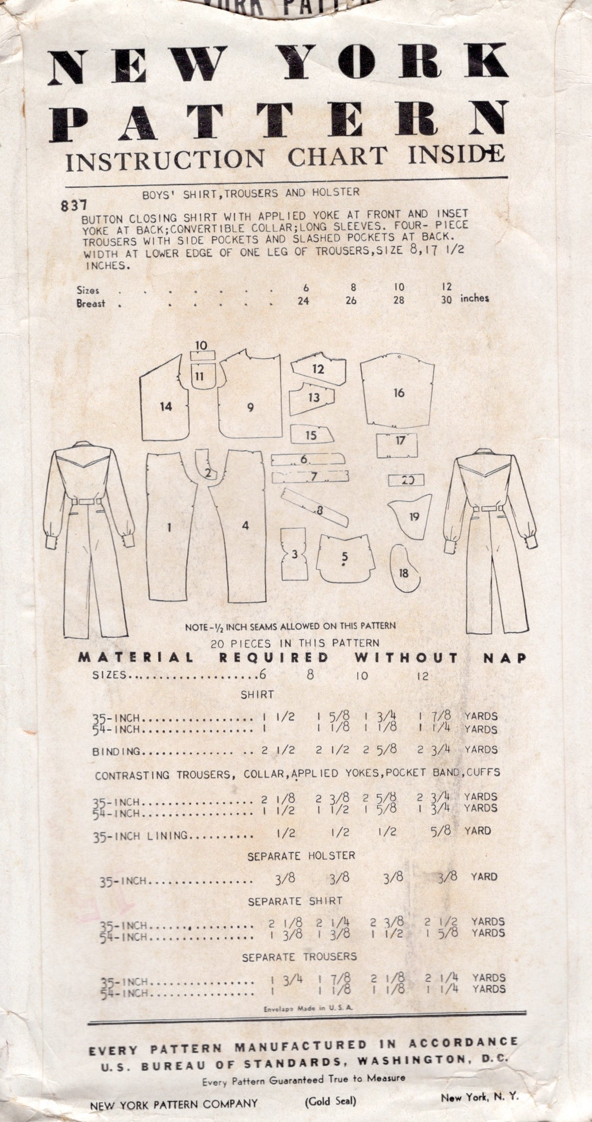 1950's New York Boy's Western shirt, Pants and Holster Pattern - Chest 24" - UC/FF - No. 837