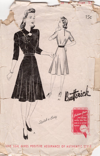 1940's Butterick One Piece Dress with Keyhole Neckline Pattern - Bust 32