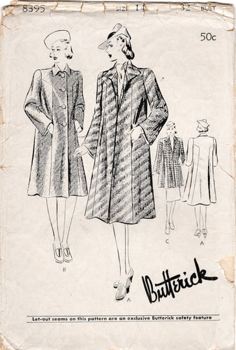 1940's Butterick Swagger Coat Pattern - Bust 32