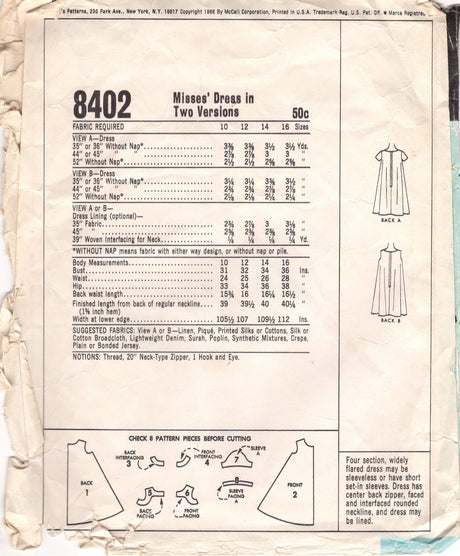 1960's McCall's Tent Dress Pattern - Bust 32" - No. 8402