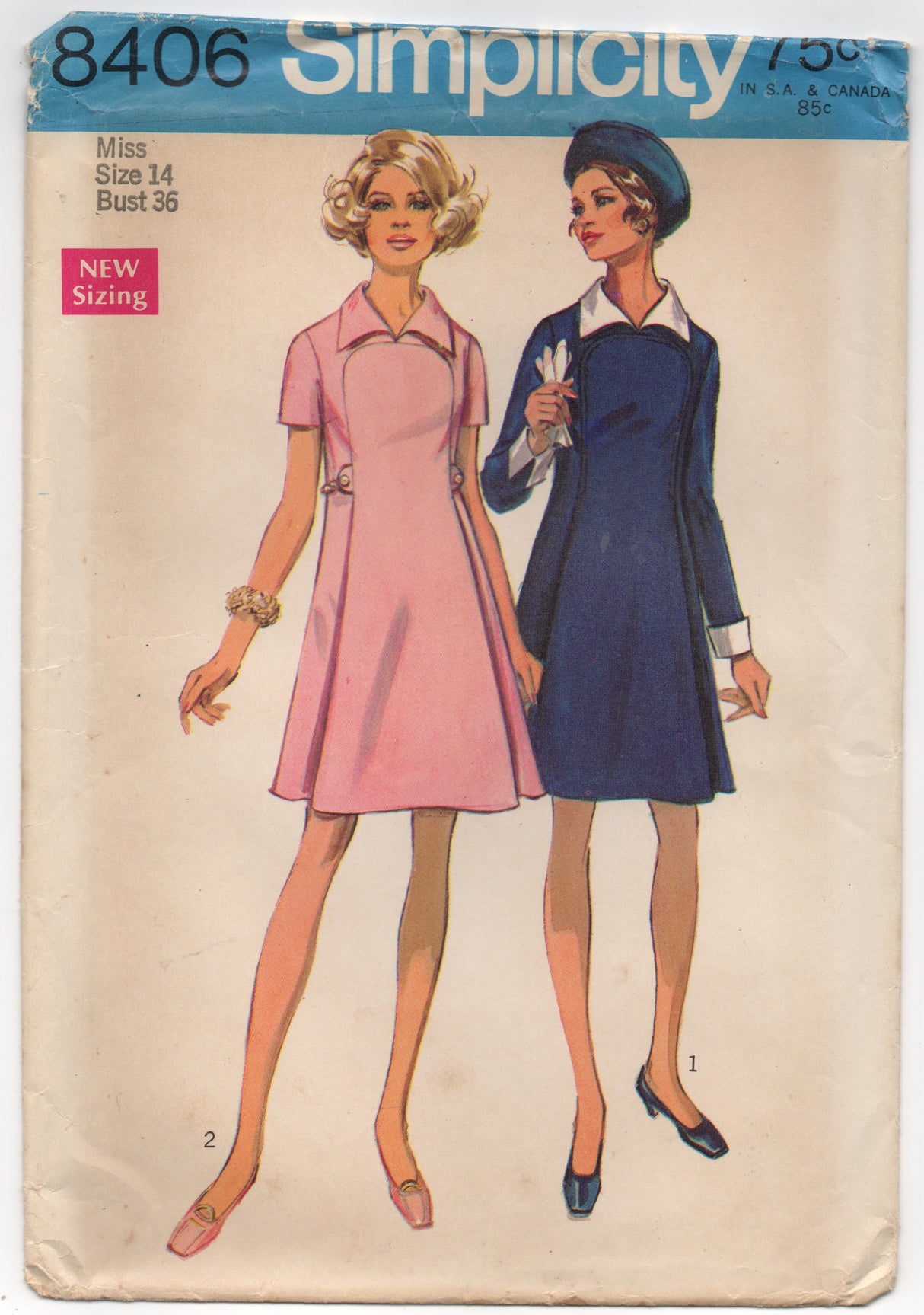 1960's Simplicity One Piece Dress Pattern with Accent Panel Front and Detachable Collar and Cuffs - Bust 36" - No. 8406