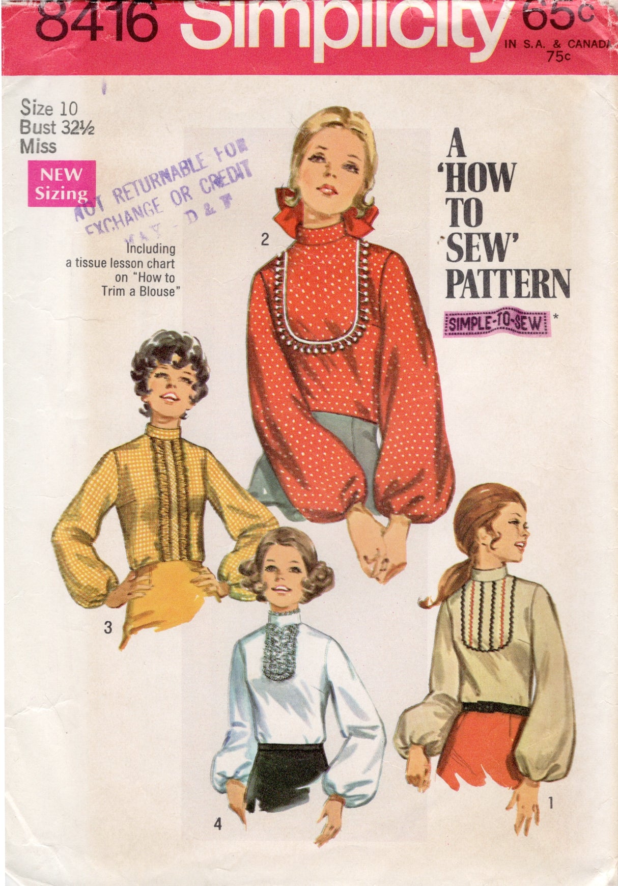1960’s Simplicity Back Zip Blouse Pattern with Stand Collar and Large Sleeves - Bust 32.5" - No. 8416
