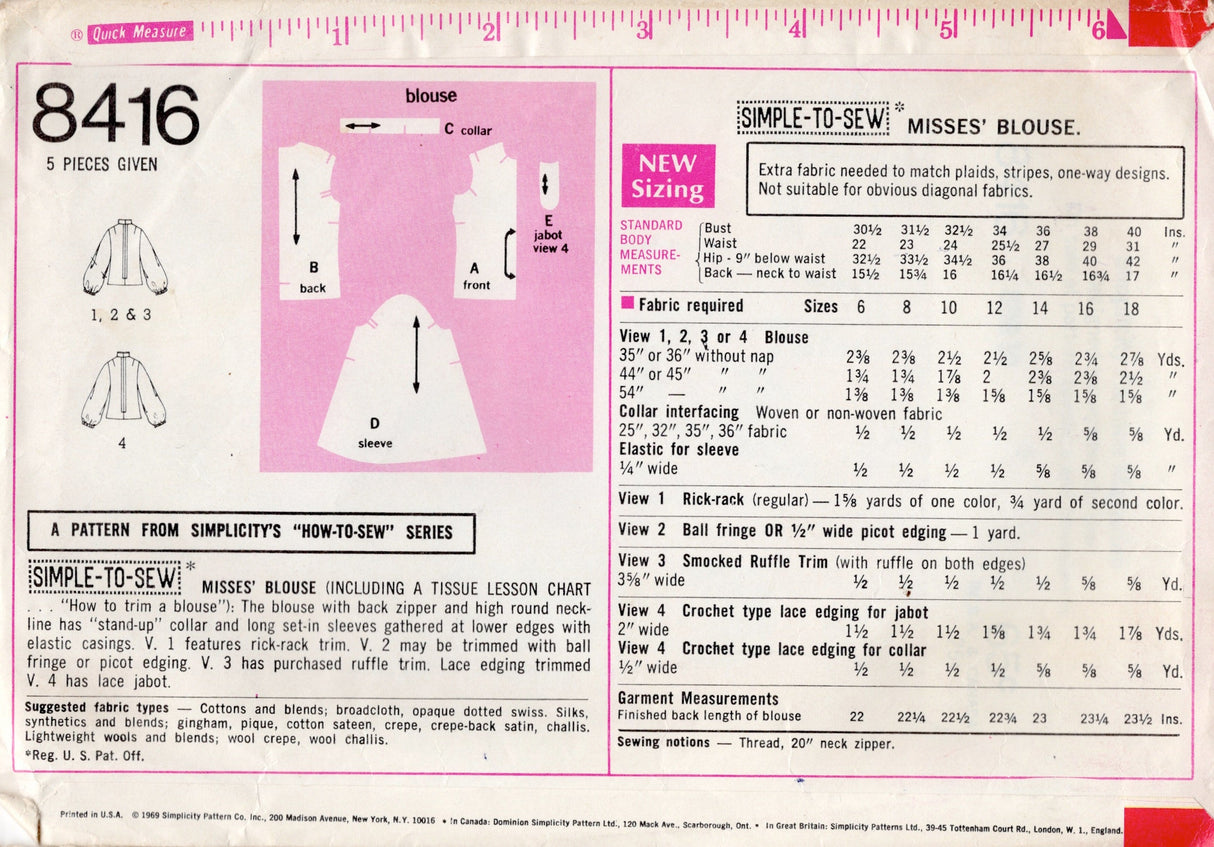 1960’s Simplicity Back Zip Blouse Pattern with Stand Collar and Large Sleeves - Bust 32.5" - No. 8416