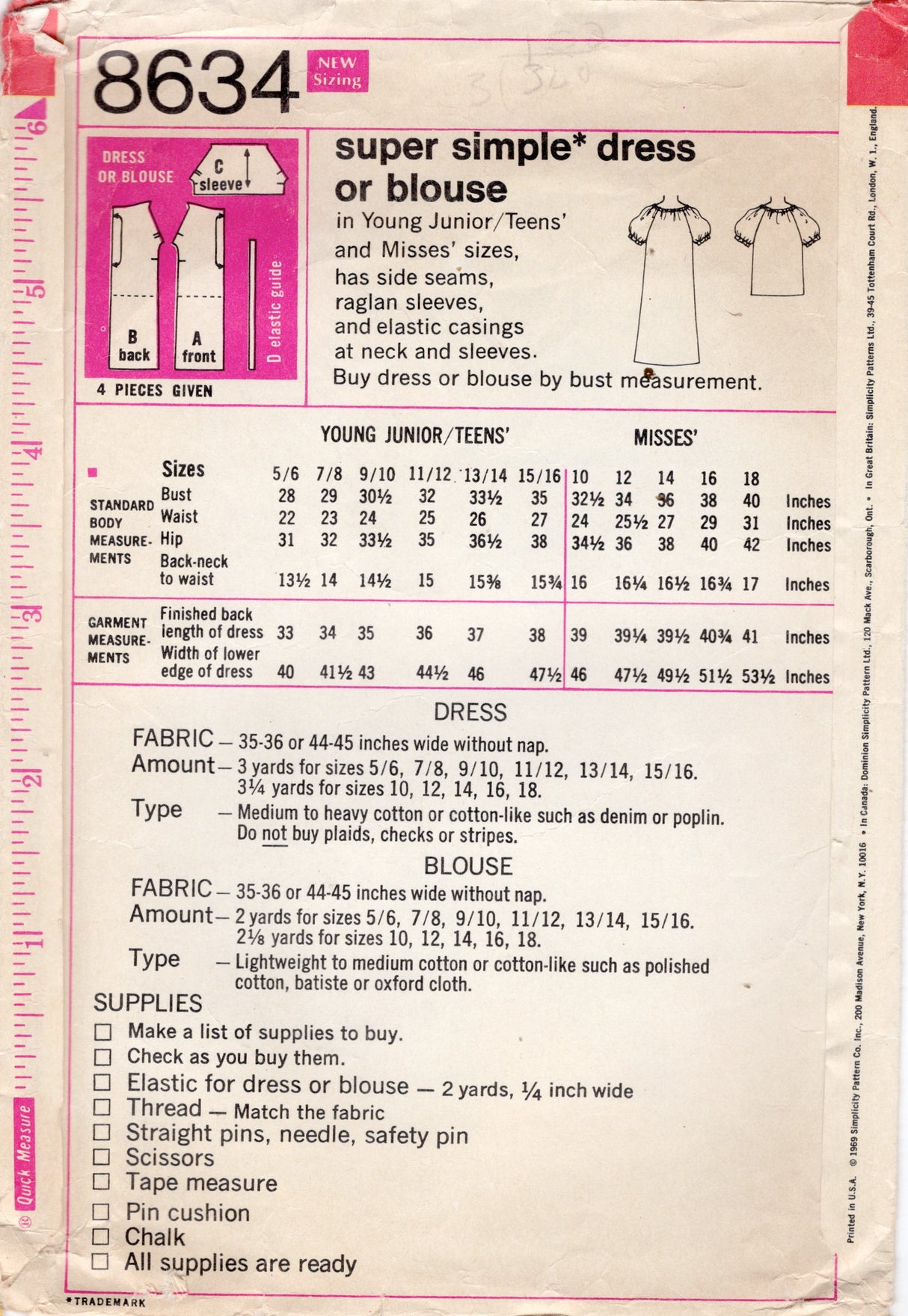 1960's Simplicity "Super Simple" Blouse or Dress Pattern - Bust 32.5" - No. 8634