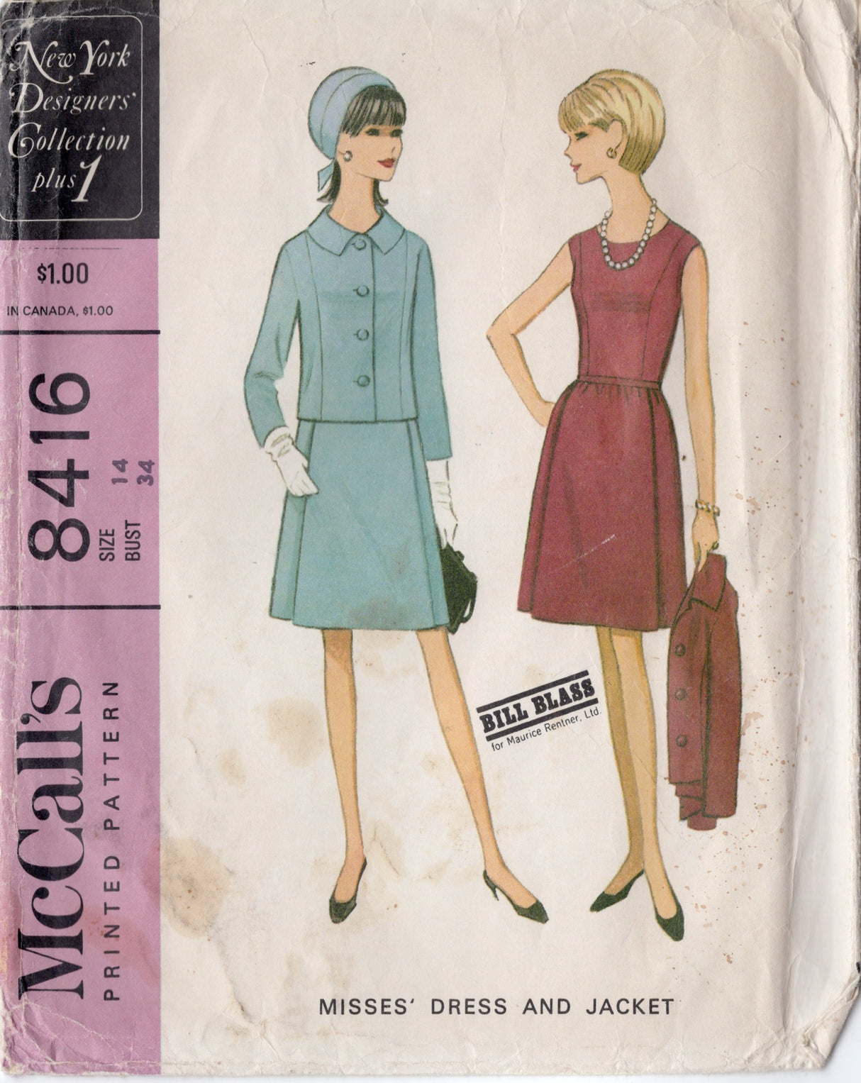 1960's McCall's Designer by Bill Blass Princess Line Dress and Jacket pattern - Bust 34" - No. 8416