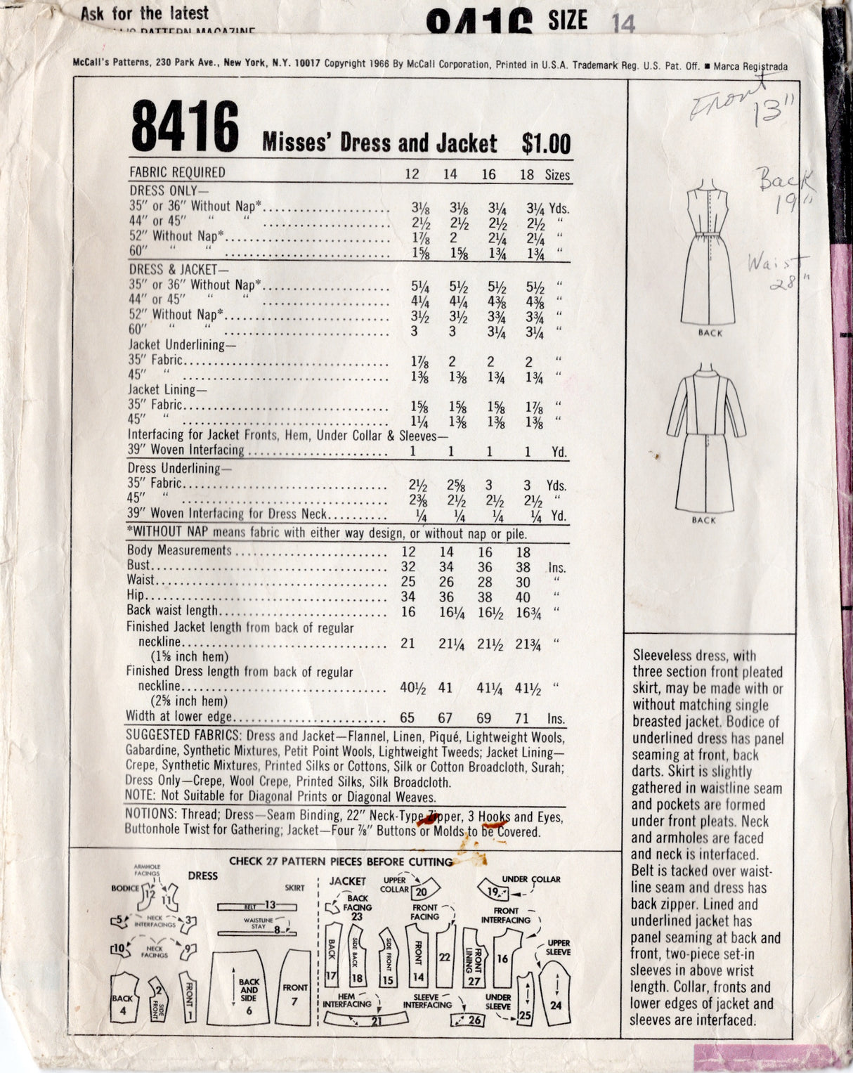 1960's McCall's Designer by Bill Blass Princess Line Dress and Jacket pattern - Bust 34" - No. 8416