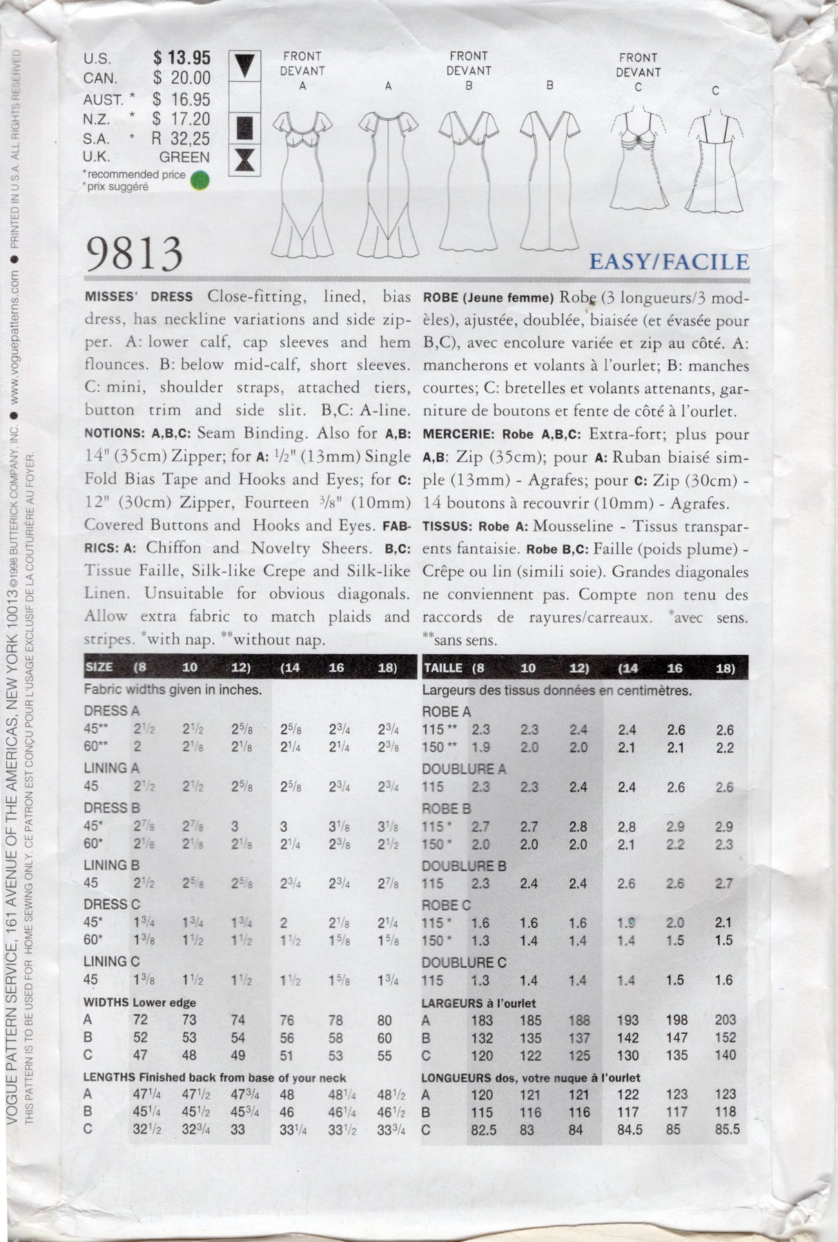 1990's Vogue Mini or Midi Bias Cut Dress Pattern with Mermaid Hem - Bust 36-40" - No. 9813