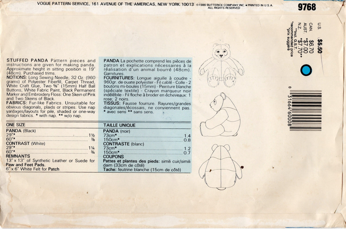 1980's Vogue Craft Large Stuffed Panda Bear Pattern - 19" doll - No. 9768