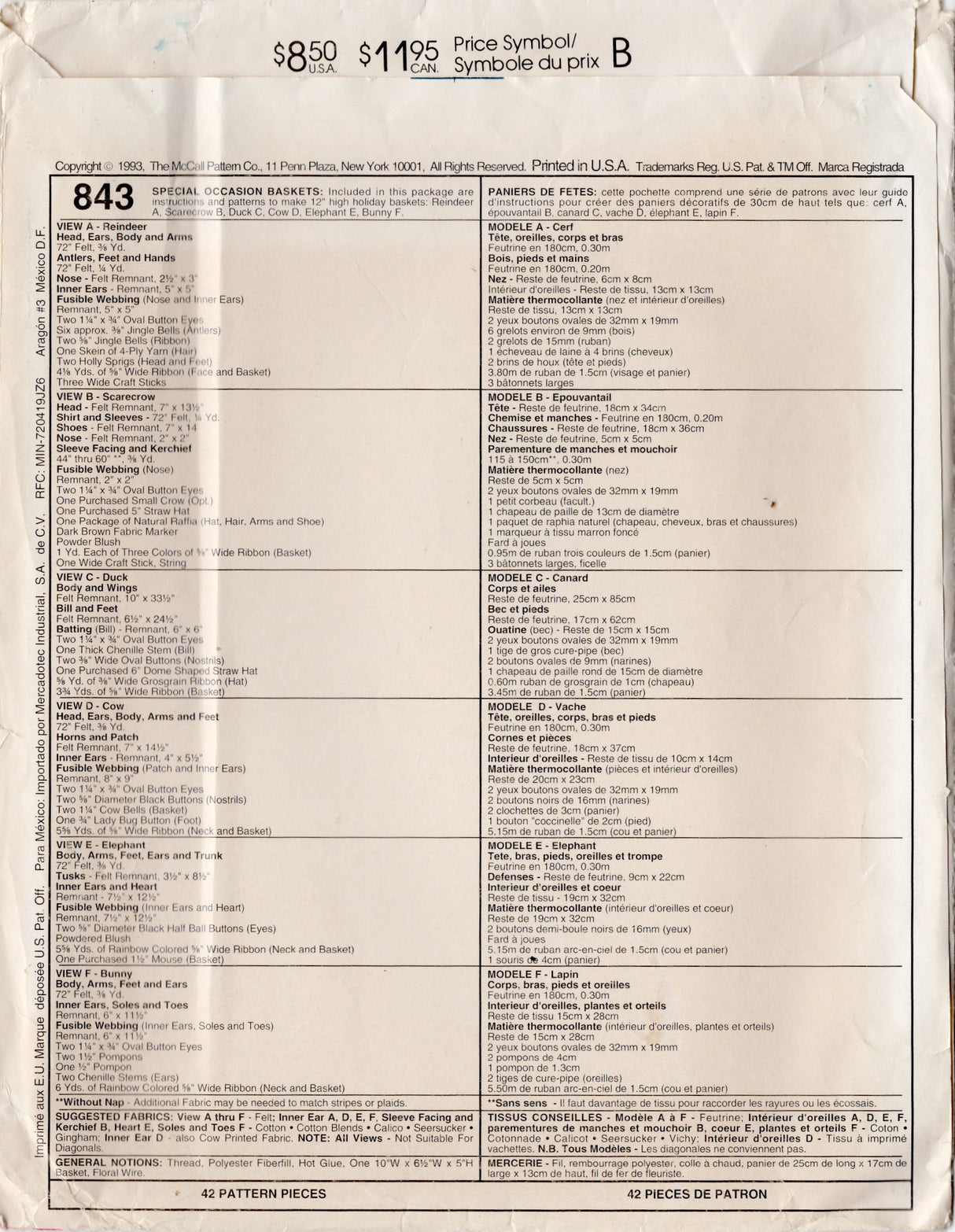 1990's McCall's Stuffed Basket Pattern - 12" Basket - No. 843