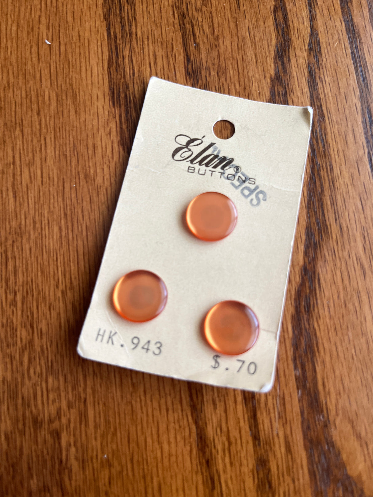 1980’s Élan Light Orange Pearlescent Plastic Shank Buttons - Set of 3 - 9/16” - on card