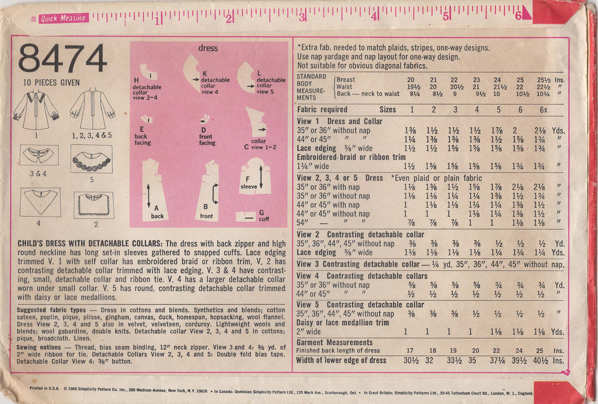 1960's Simplicity Child’s Dress with Multiple Collars Pattern – Chest 21” - No. 8474