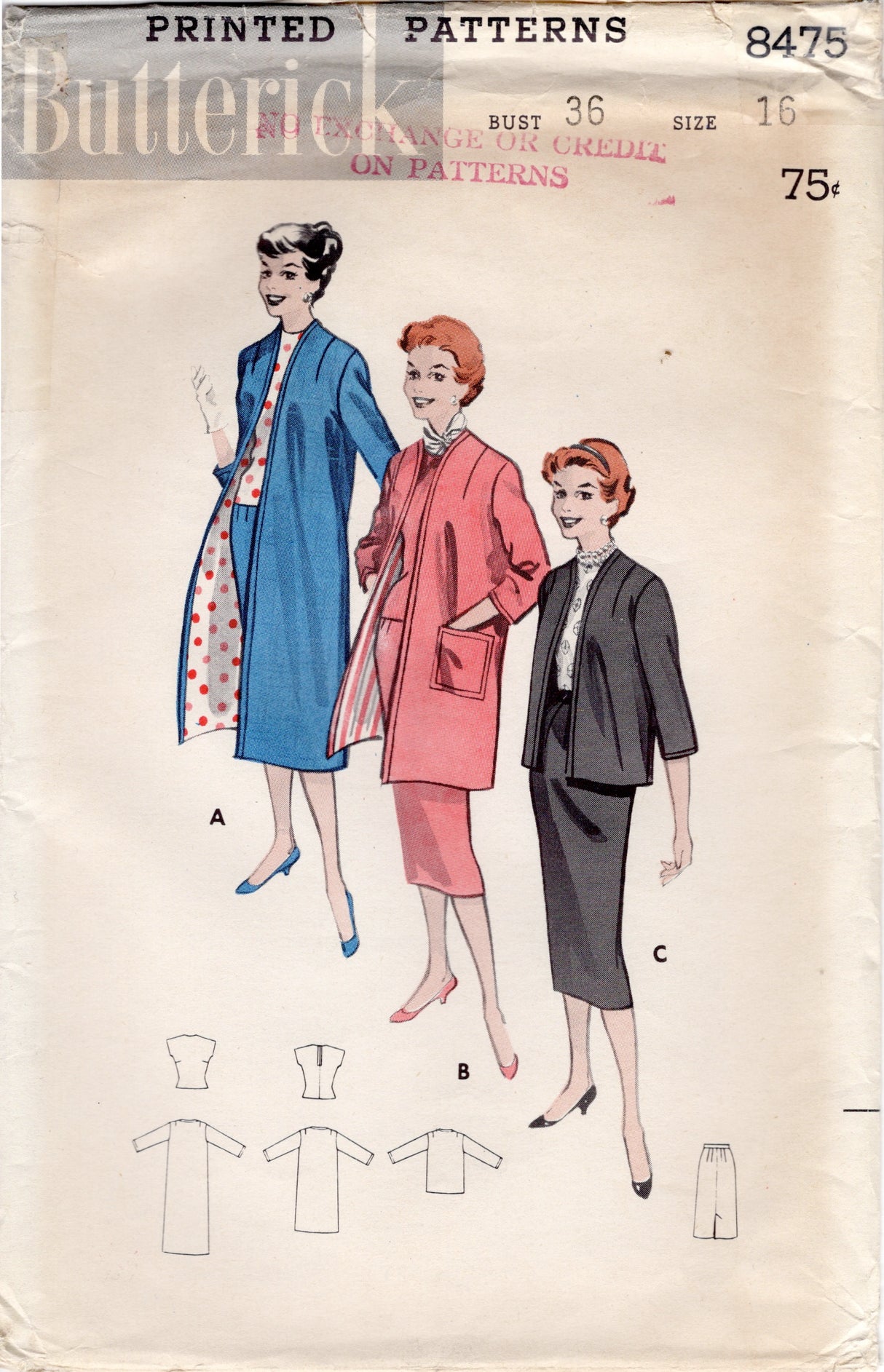 1950's Butterick Straight Line Coat, Blouse and Skirt Pattern - Bust 36" - No. 8475