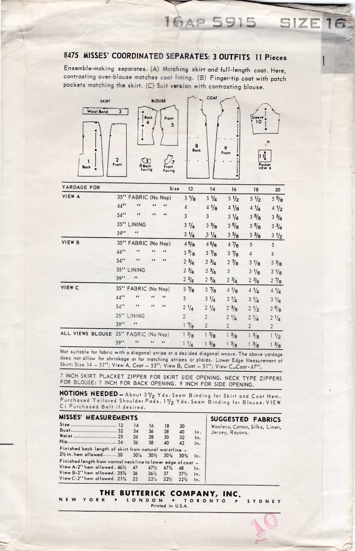 1950's Butterick Straight Line Coat, Blouse and Skirt Pattern - Bust 36" - No. 8475