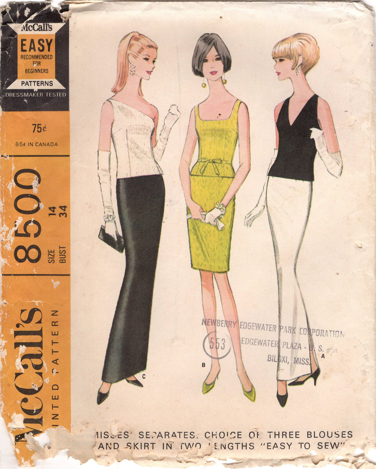 1960's McCall's Separates Wardrobe Pattern with Slim Skirt and One Shoulder, Scoop or V-neck Top - Bust 34" - No. 8500