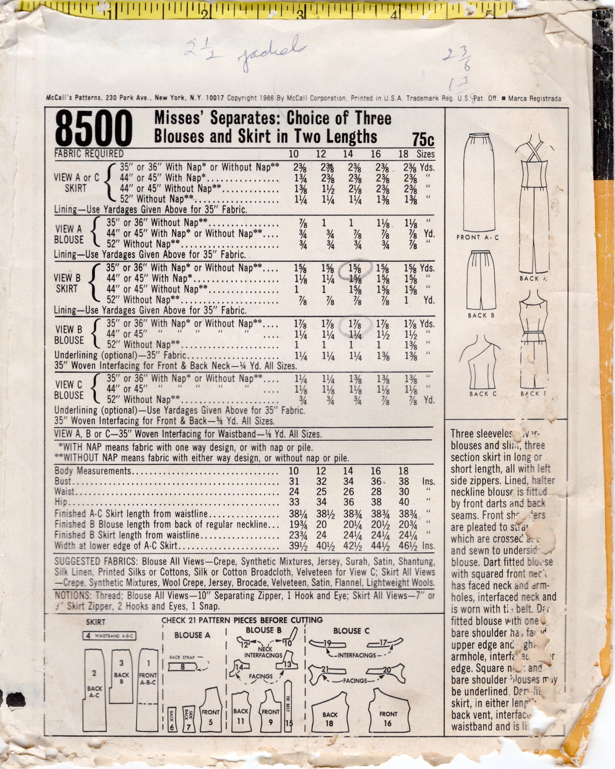 1960's McCall's Separates Wardrobe Pattern with Slim Skirt and One Shoulder, Scoop or V-neck Top - Bust 34" - No. 8500