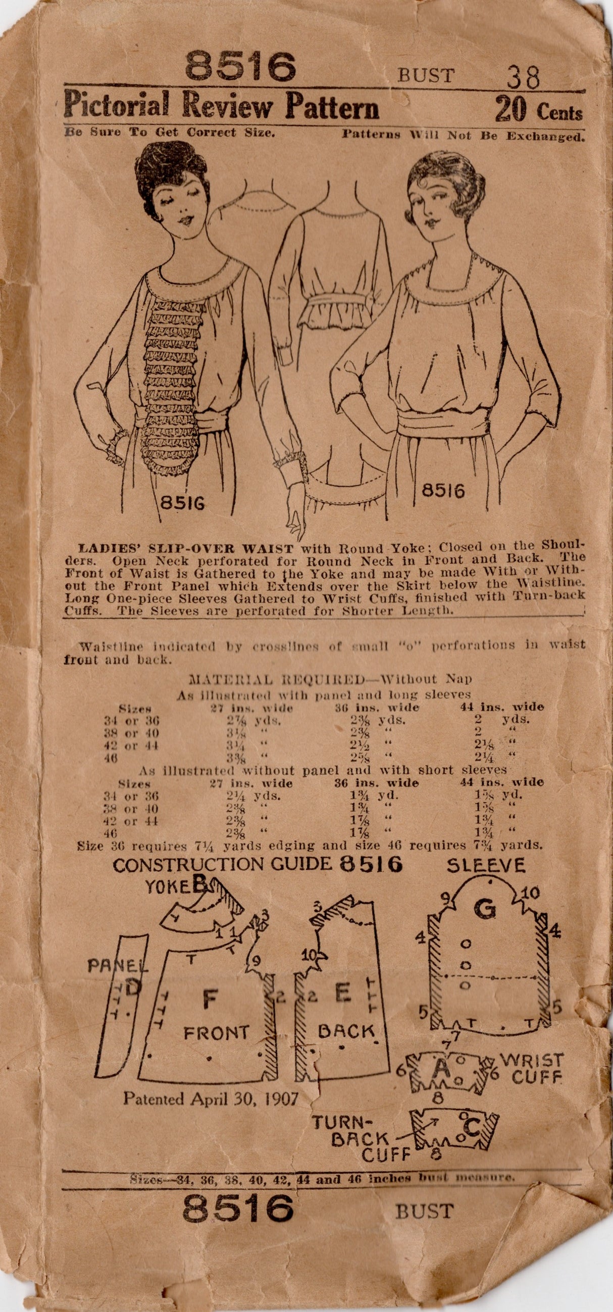 1910's Pictorial Slip-Over Blouse with Scoop or Square Neckline and optional Ruffle Panel - Bust 38" - No. 8516