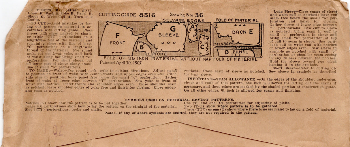 1910's Pictorial Slip-Over Blouse with Scoop or Square Neckline and optional Ruffle Panel - Bust 38" - No. 8516