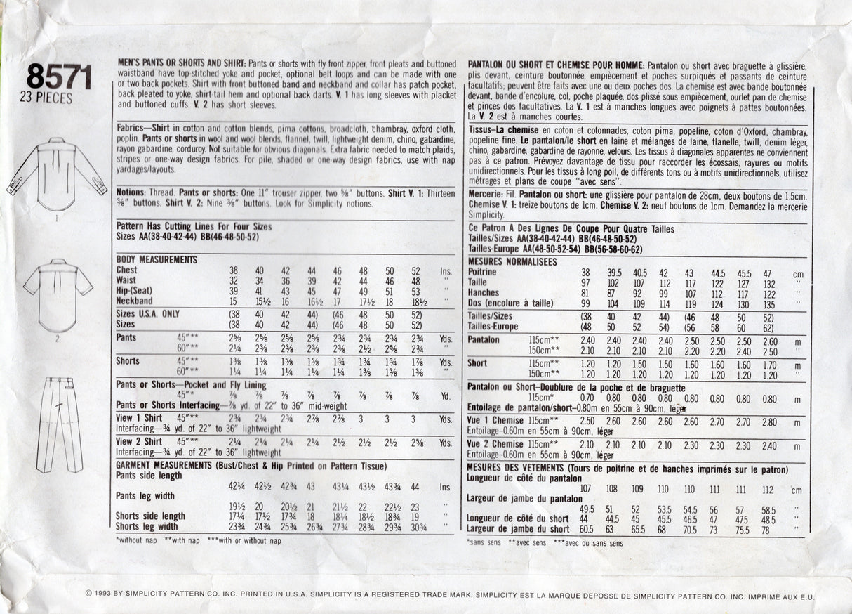 1990's Simplicity Men's Button Up Shirt, Pants or Short Pattern - Chest 38-44" - No. 8571