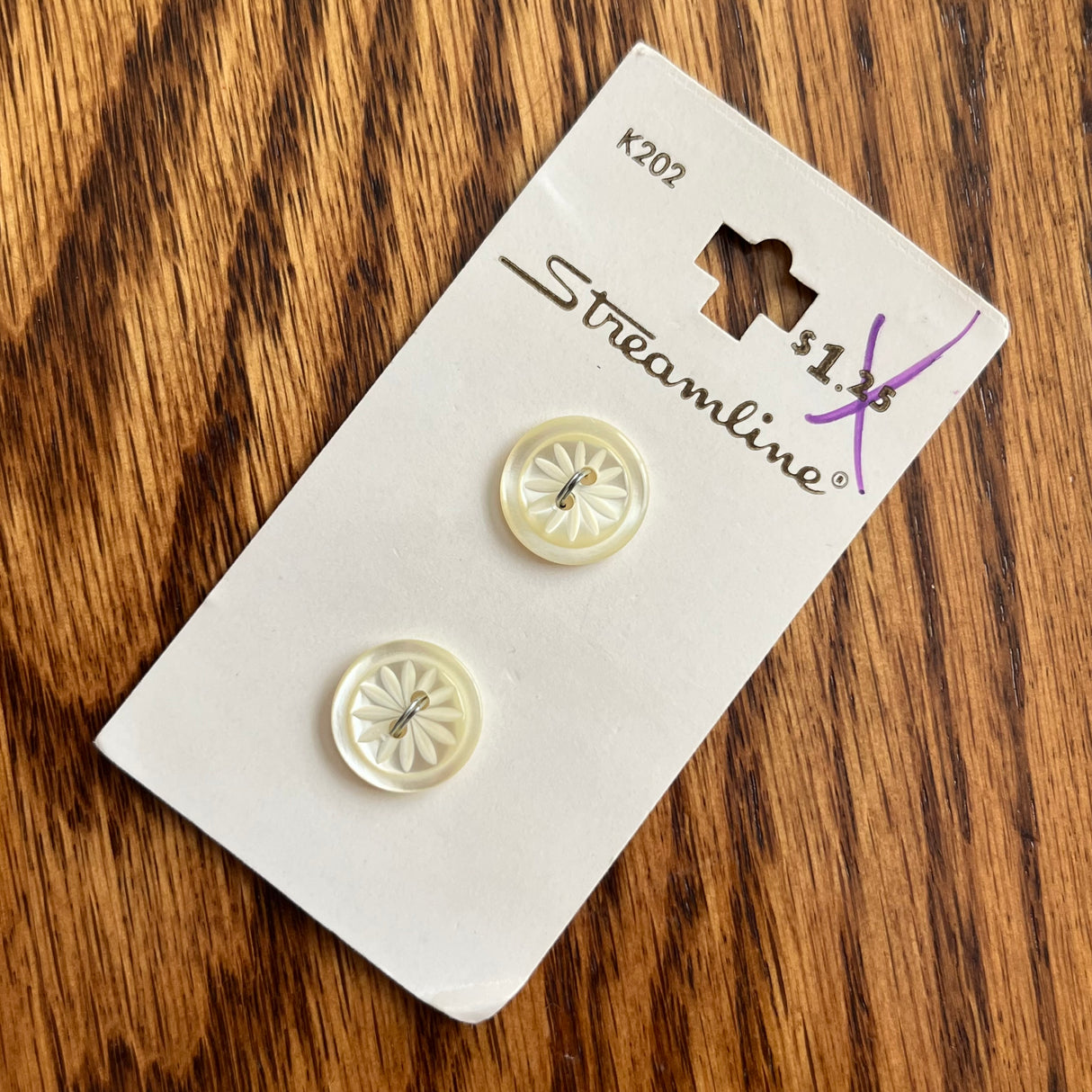 1980’s Streamline White Carved Plastic Buttons - Set of 2 - 9/16" - on card