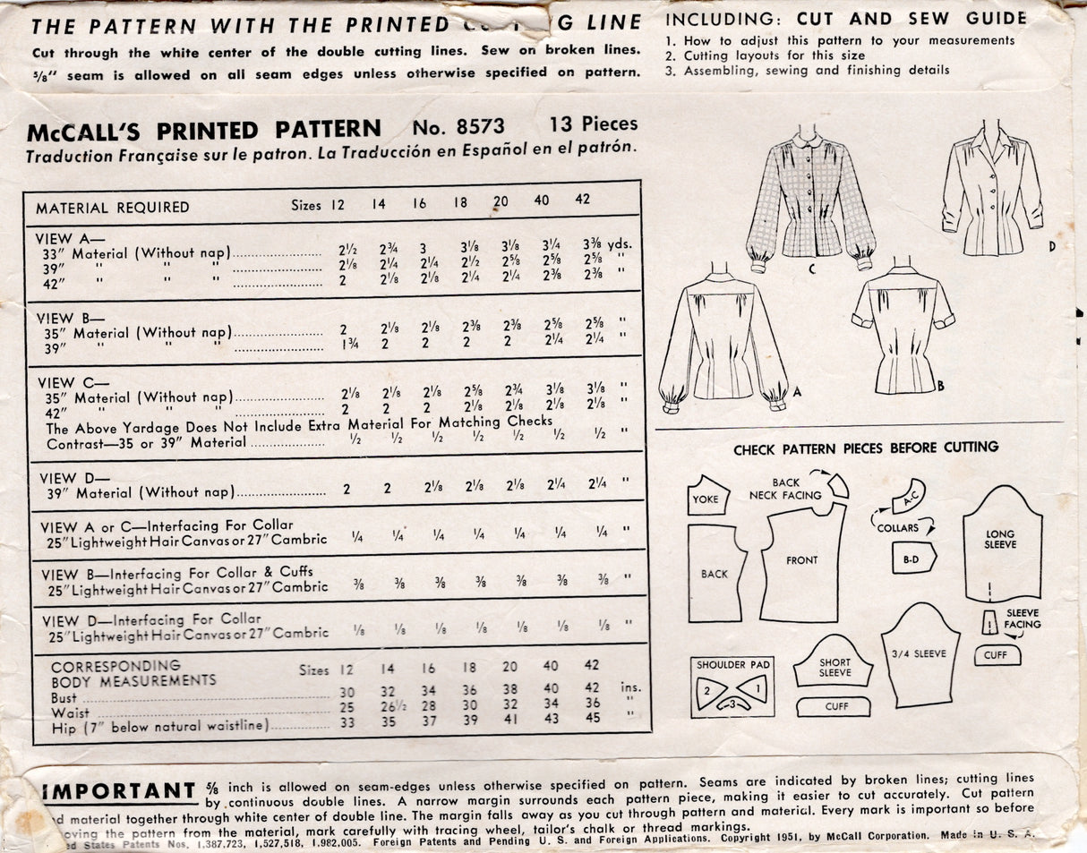 1950's McCall's Button Up Blouse Pattern - Bust 34" - No. 8573