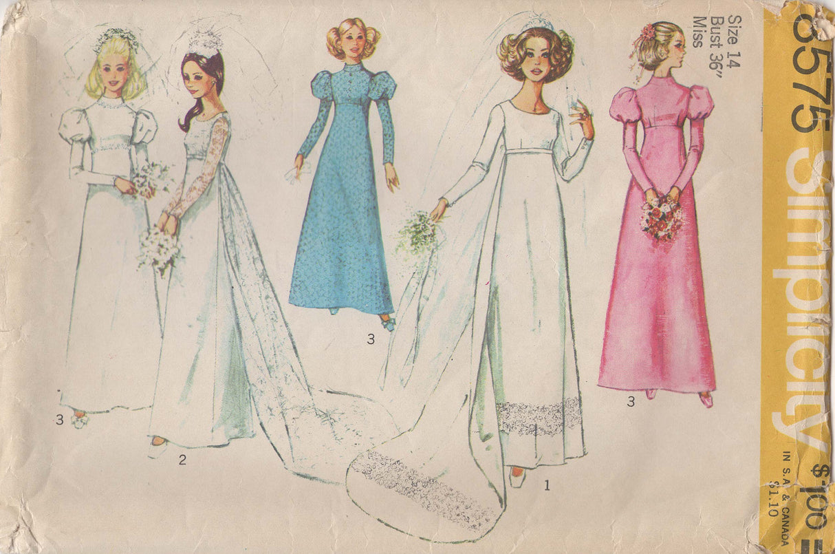1970's Simplicity Wedding or Bridesmaid Dress with Juliet Sleeve - Bust 36" - No. 8575