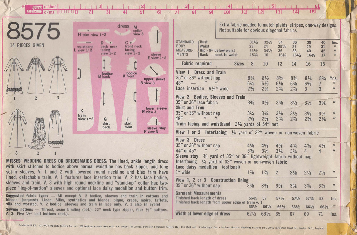 1970's Simplicity Wedding or Bridesmaid Dress with Juliet Sleeve - Bust 36" - No. 8575