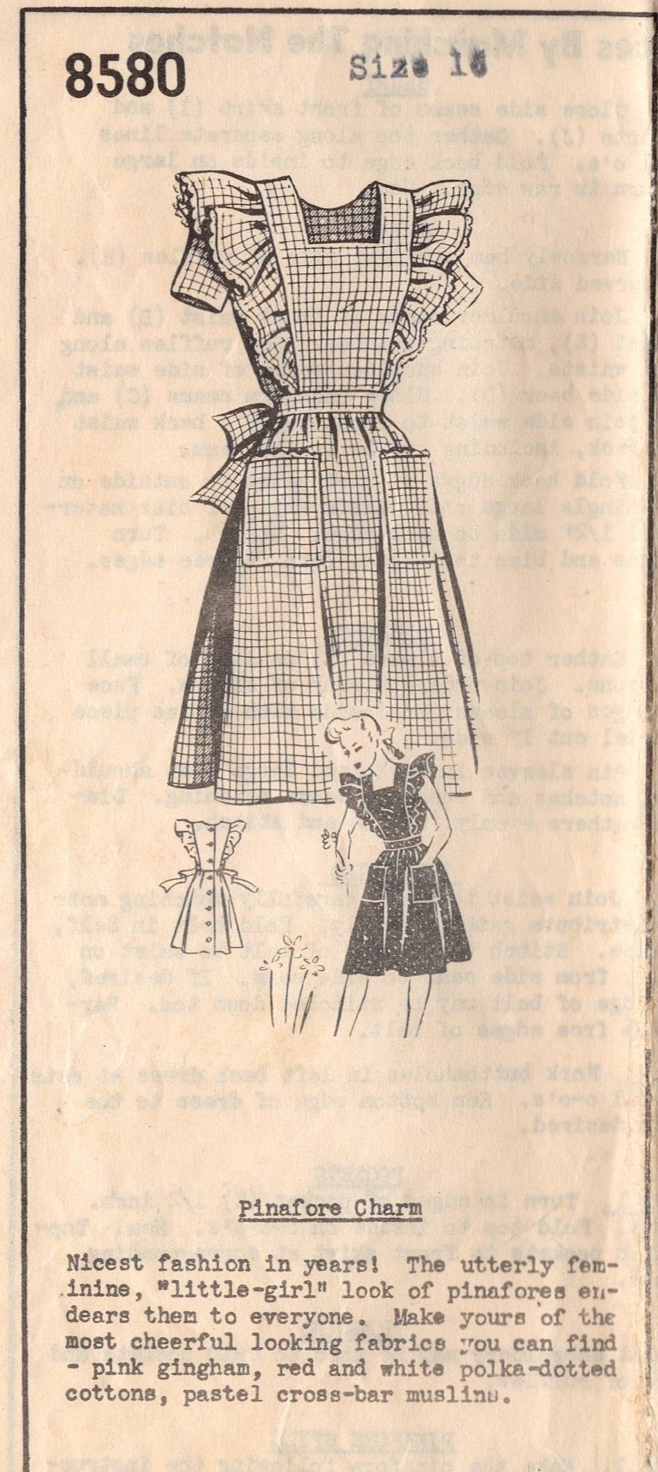 1940's Mail Order Pinafore Dress Pattern with Patch Pockets - Bust 34" - No. 8580
