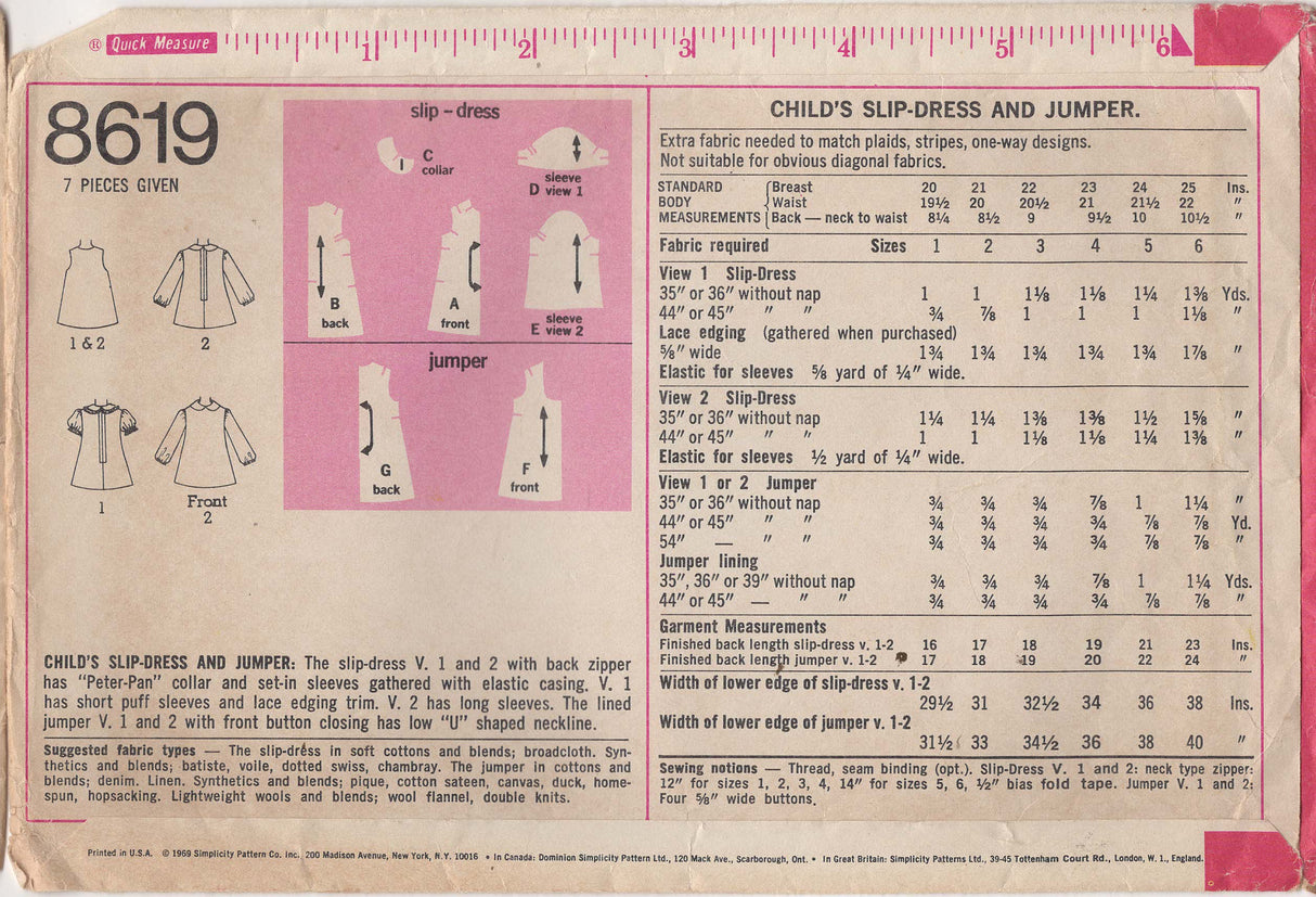 1960's Simplicity Child’s Dress and Jumper Pattern – Chest 21” - No. 8619