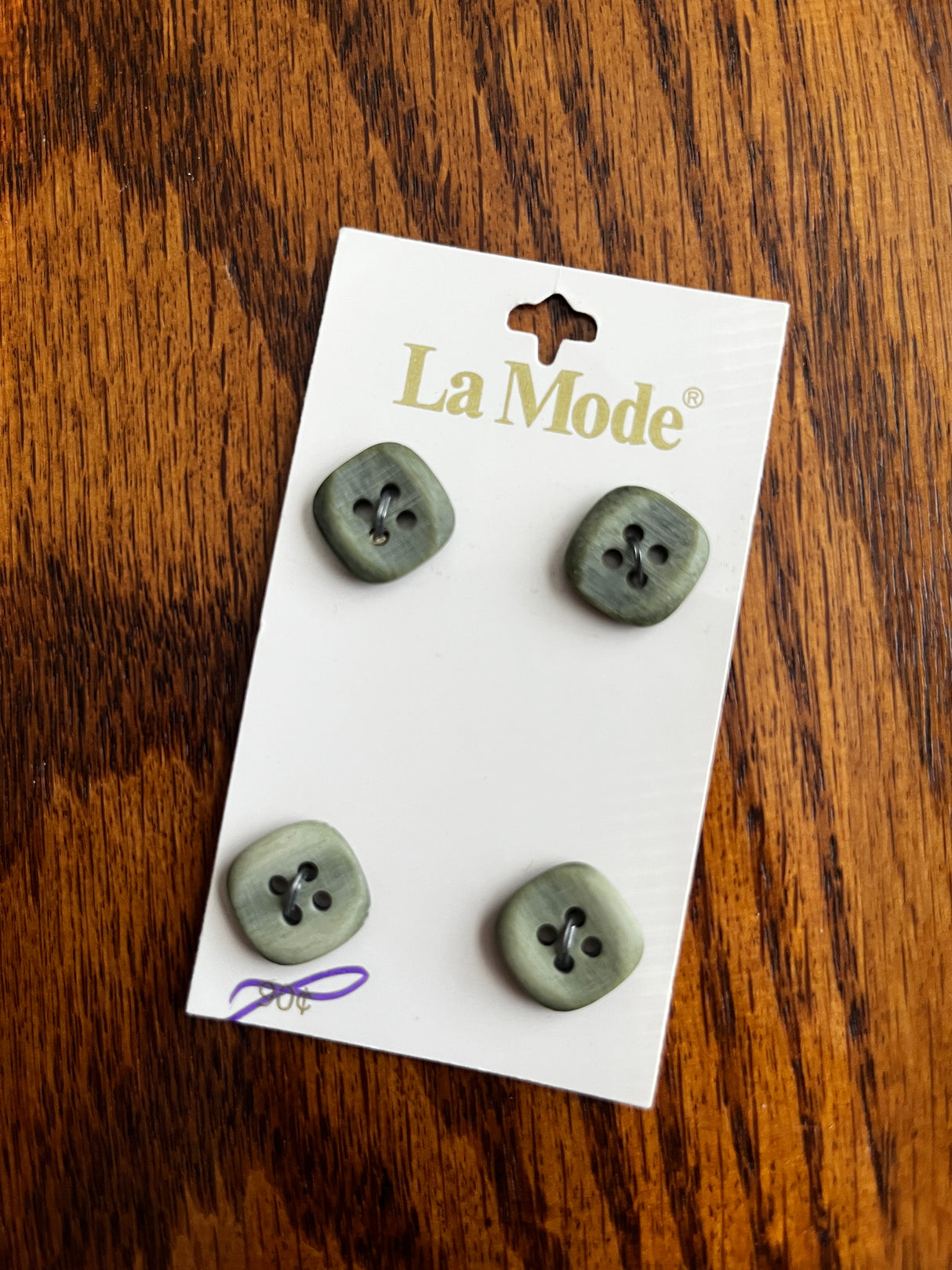1980’s La Mode Olive Green Square Plastic Buttons - Set of 4 - 5/8" - on card
