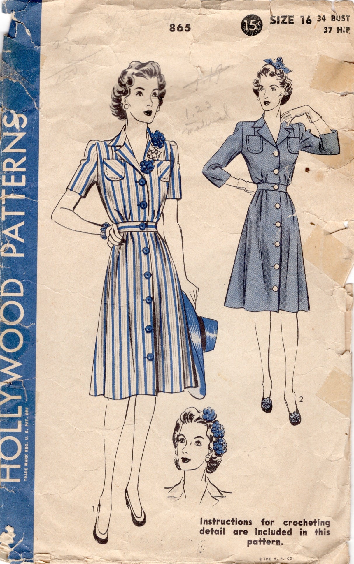 1940’s Hollywood Button Up Dress Pattern with Patch Pockets - Bust 34”-  No.865