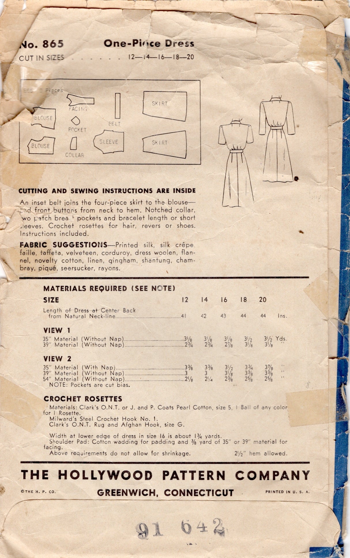 1940’s Hollywood Button Up Dress Pattern with Patch Pockets - Bust 34”-  No.865