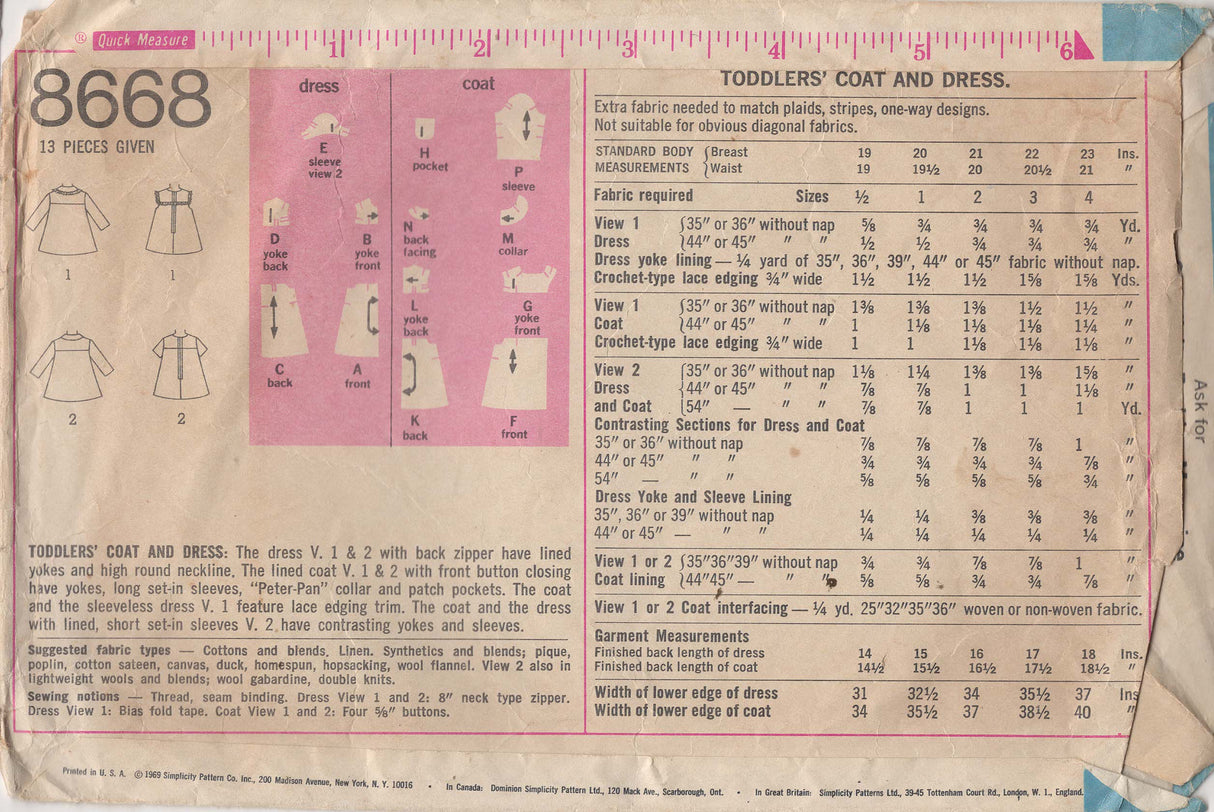 1960's Simplicity Child's Dress and Coat Pattern - Chest 22" - No. 8668