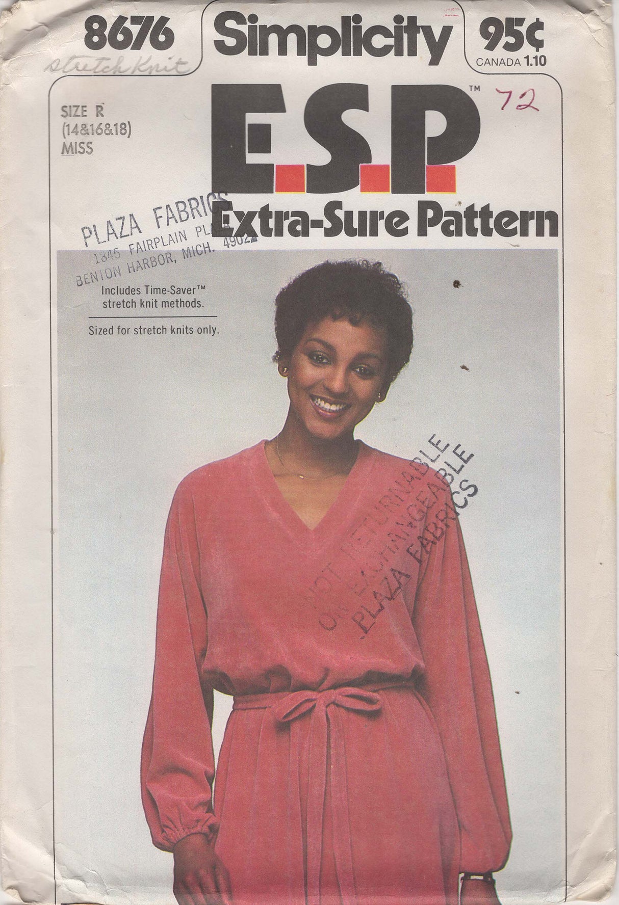 1970's Simplicity E.S.P Raglan Sleeve Dress Pattern– Bust 36-40" - No. 8676
