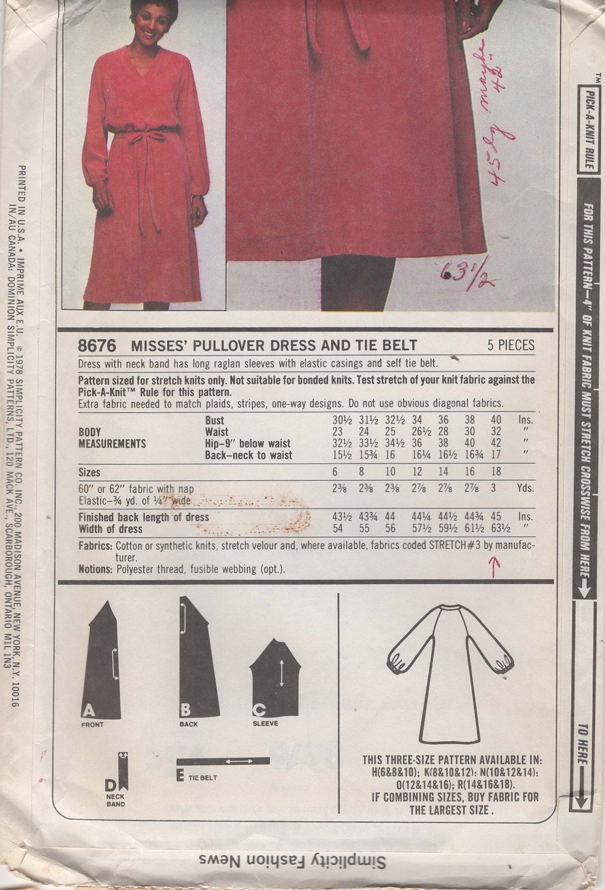 1970's Simplicity E.S.P Raglan Sleeve Dress Pattern– Bust 36-40" - No. 8676
