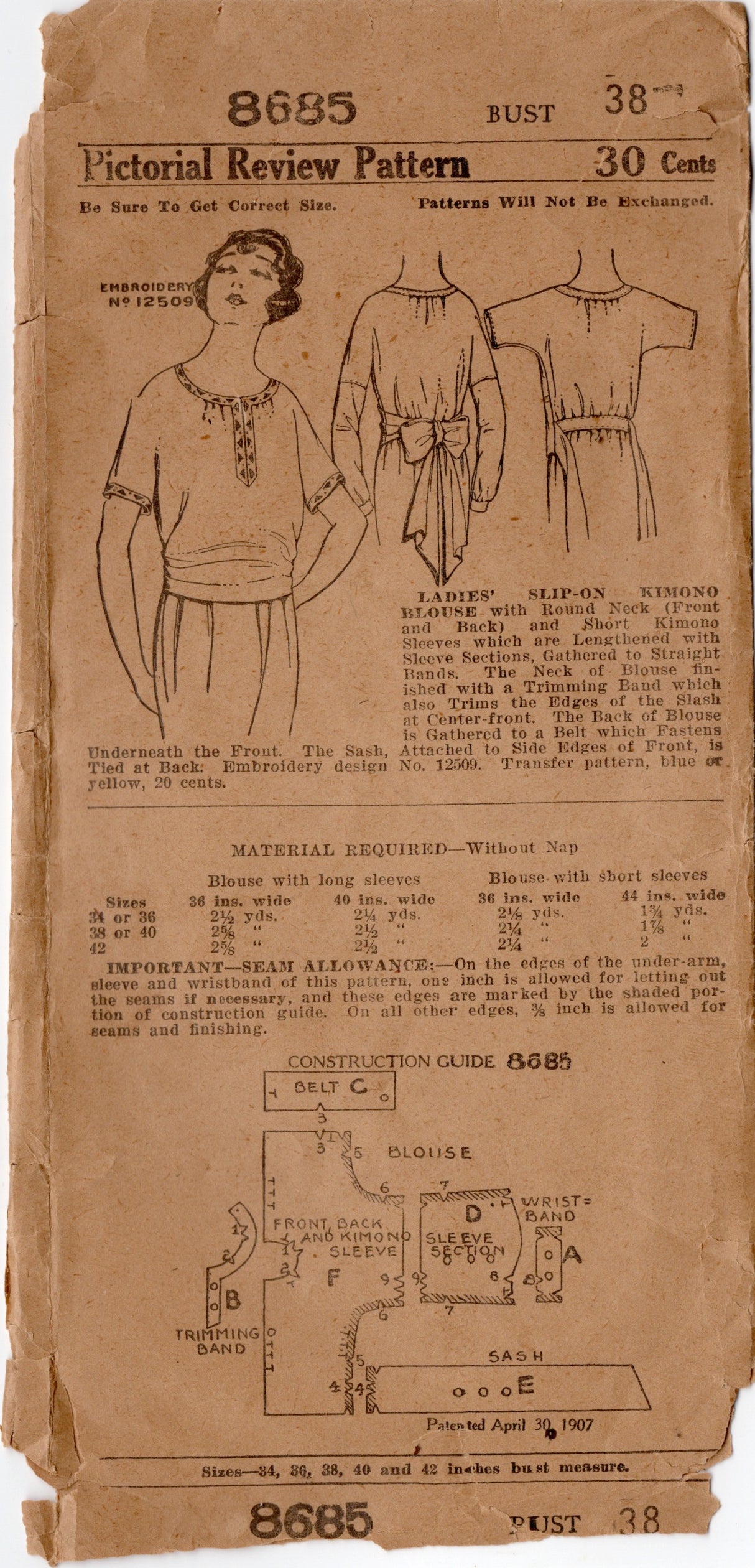 1910's Pictorial Slip-Over Blouse with Scoop Neckline and Tie Back - Bust 38" - No. 8685