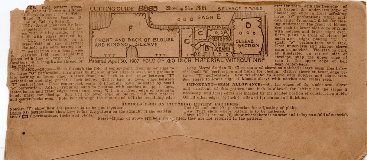 1910's Pictorial Slip-Over Blouse with Scoop Neckline and Tie Back - Bust 38" - No. 8685