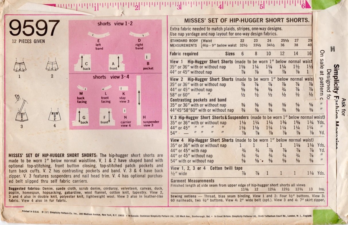 1970's Simplicity Suspender Hip-Hugger Shorts Pattern - Waist 25.5" - No. 9597