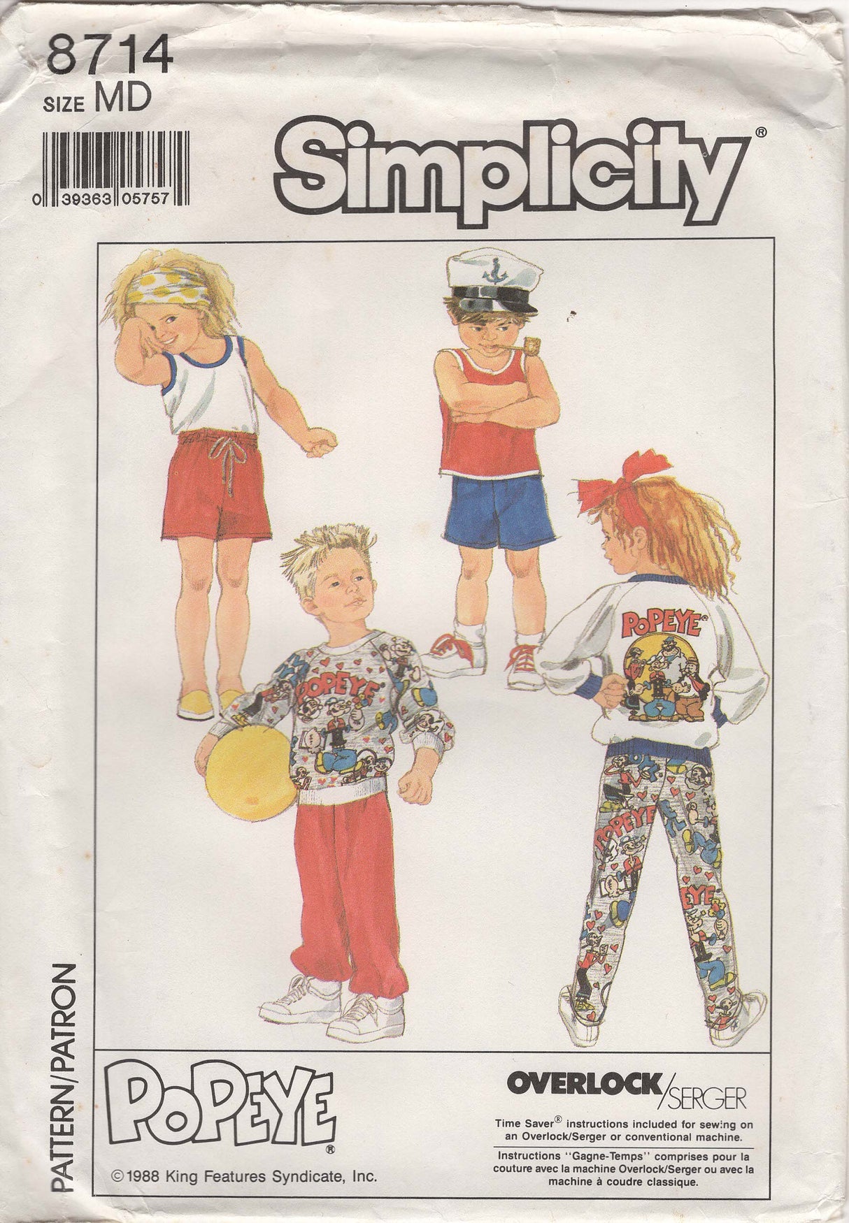 1980's Simplicity Popeye Sweatshirt, Tank Top and Pull-on Pants or Shorts Pattern - No. 8714
