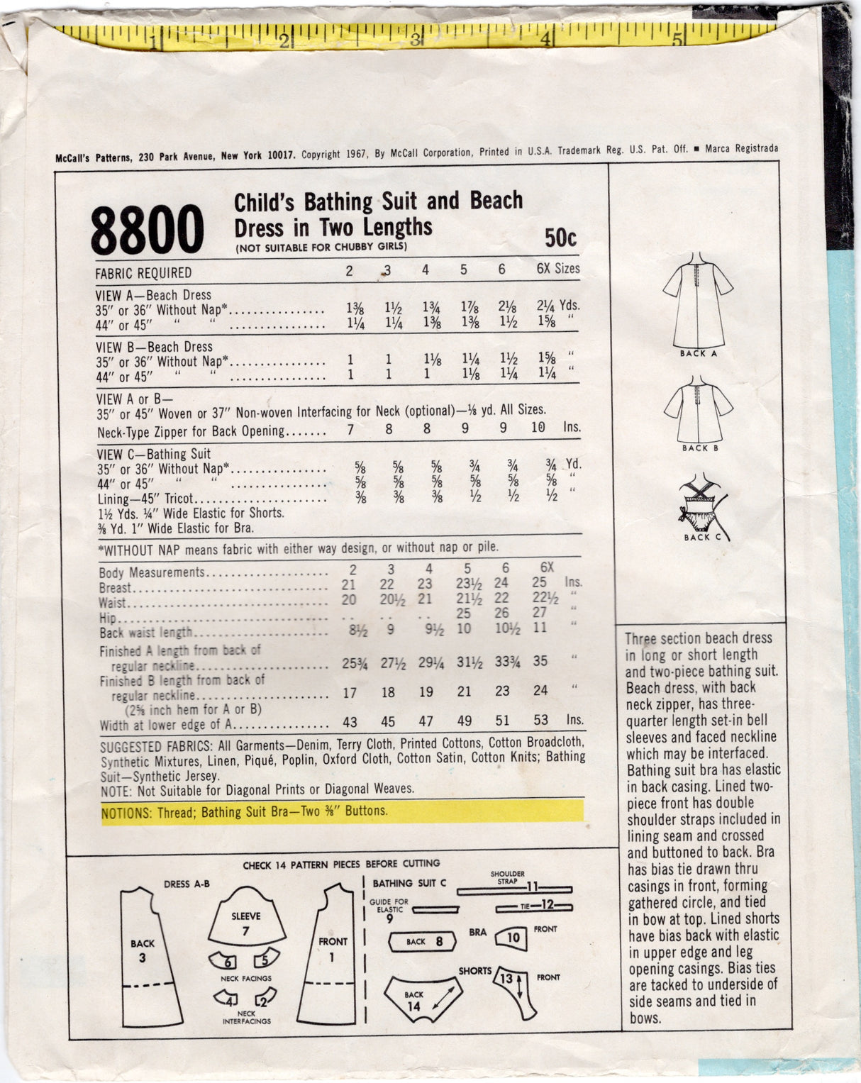1960's McCall's Child's Two Piece Swim Suit and Beach Dress Pattern - Chest 23.5" - No. 8800