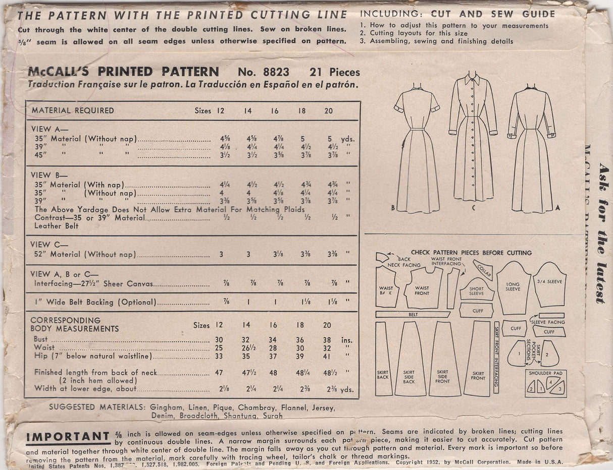 1950's McCall's Button Front Fit and Flare Dress Pattern - Bust 30" - No. 8823