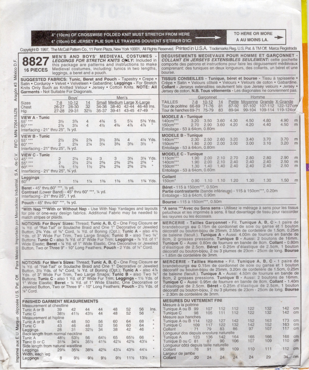 1990's McCall’s Child's Medieval Tunic, Leggings, Beret and Pouch Costume – Chest 26-27” - No. 8827