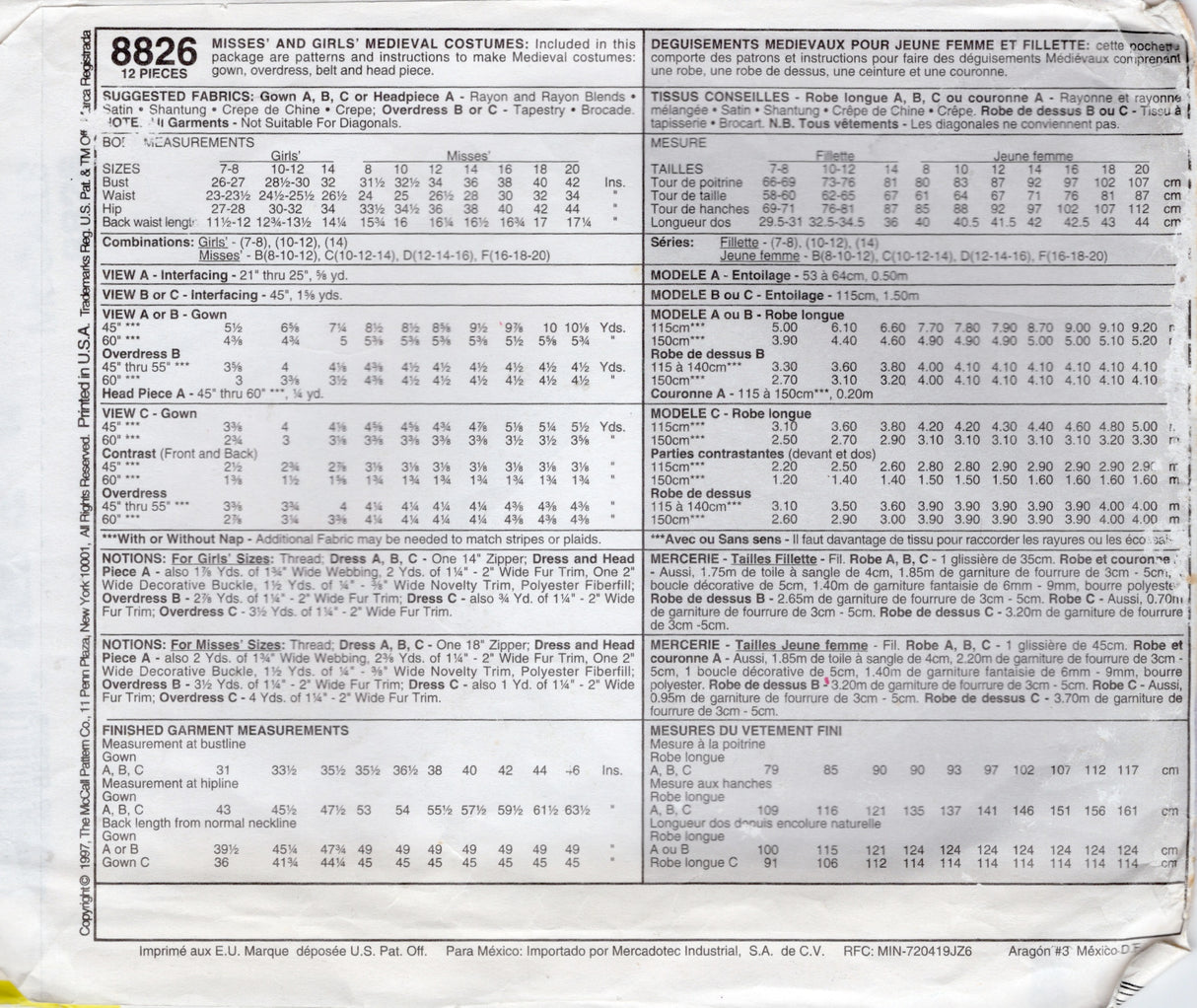 1990's McCall’s Child's Medieval Gown, Overdress, Belt and Headdress Costume – Bust 32" - No. 8826