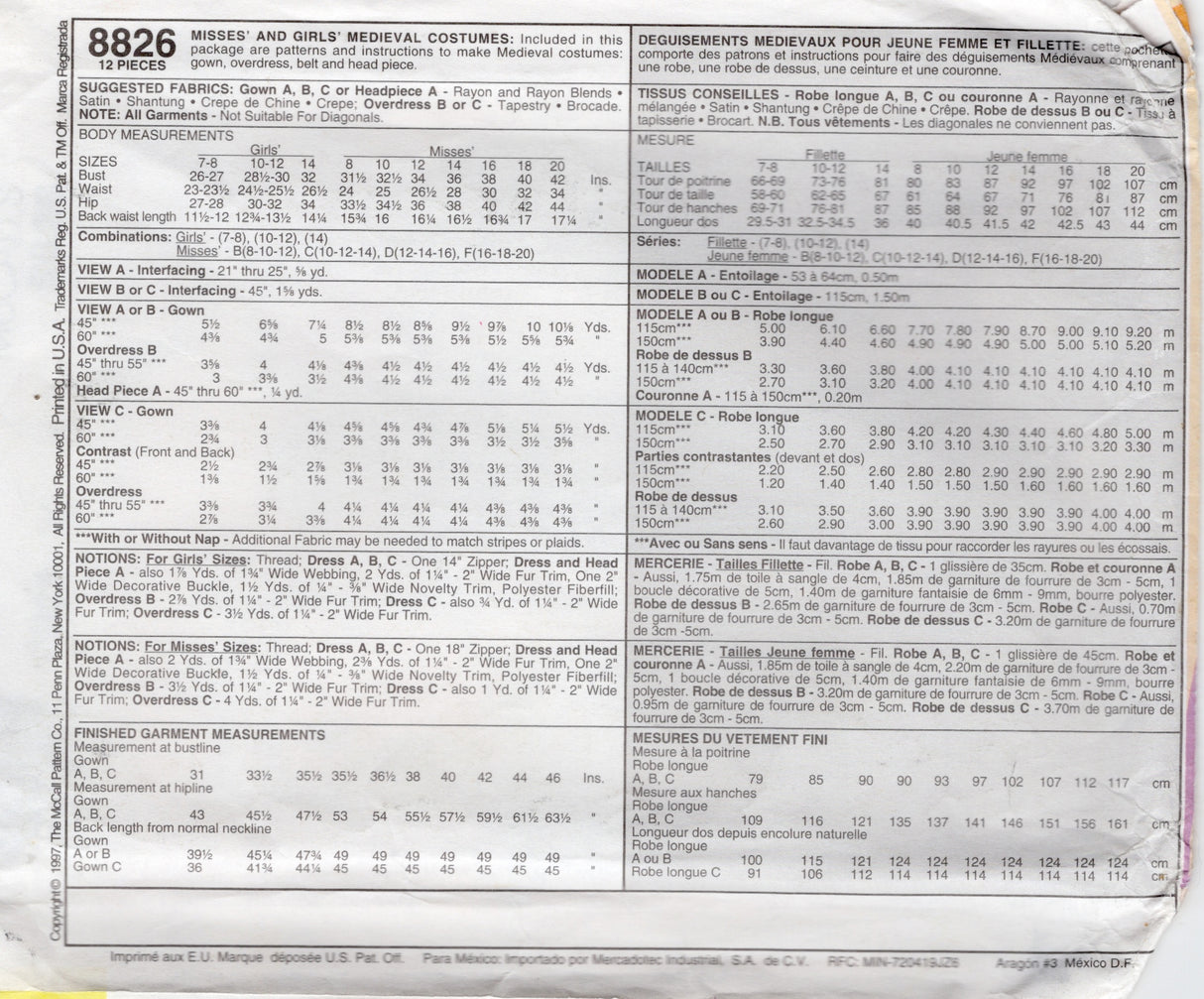 1990's McCall’s Adult Medieval Gown, Overdress, Belt and Headdress Costume – Bust 32.5-36" - No. 8826