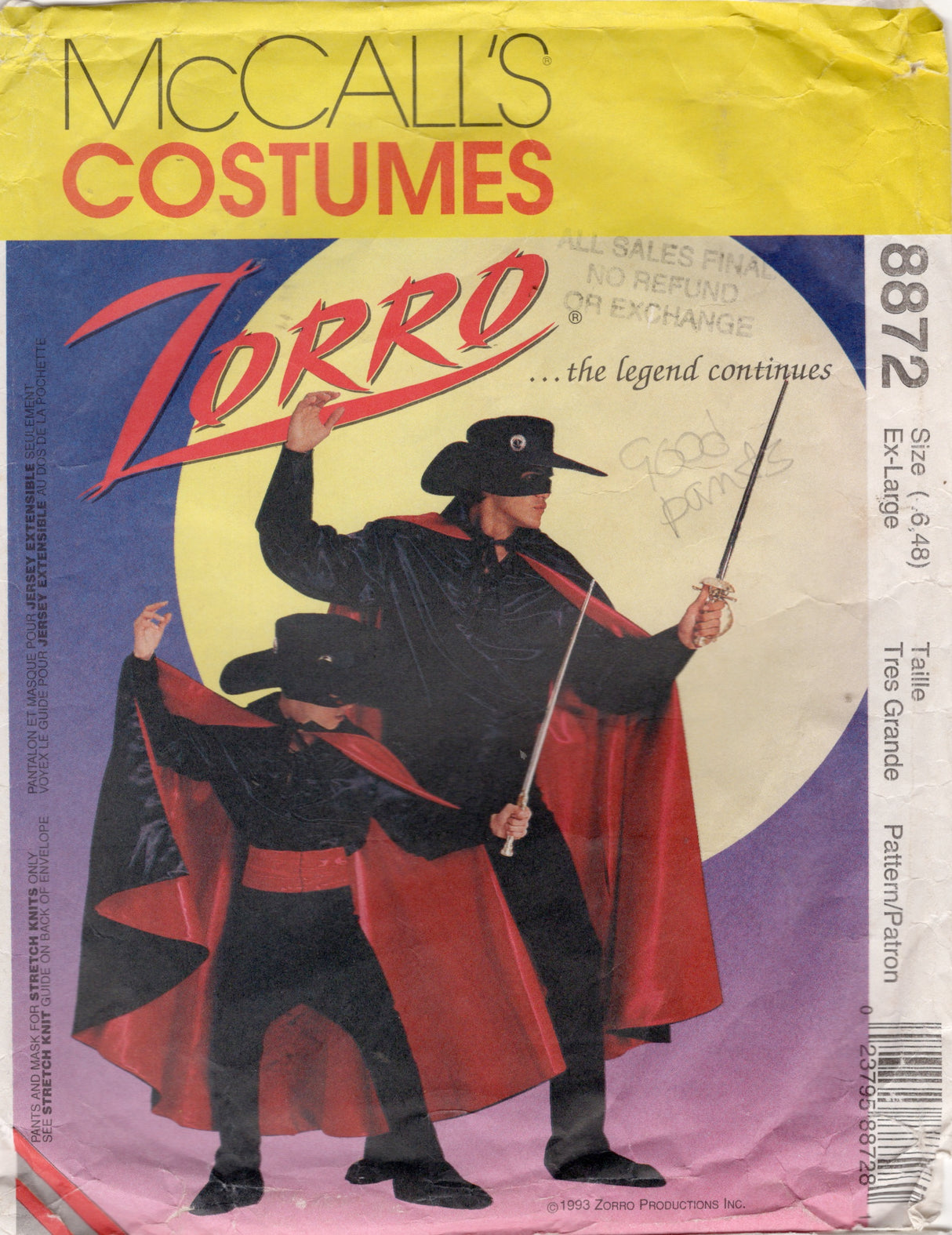 1990's McCall's Men's Zorro Costume Pattern: Hat, Mask, Pants, Shirt, Gauntlet, Boot Covers - Chest 46-48" - No. 8872