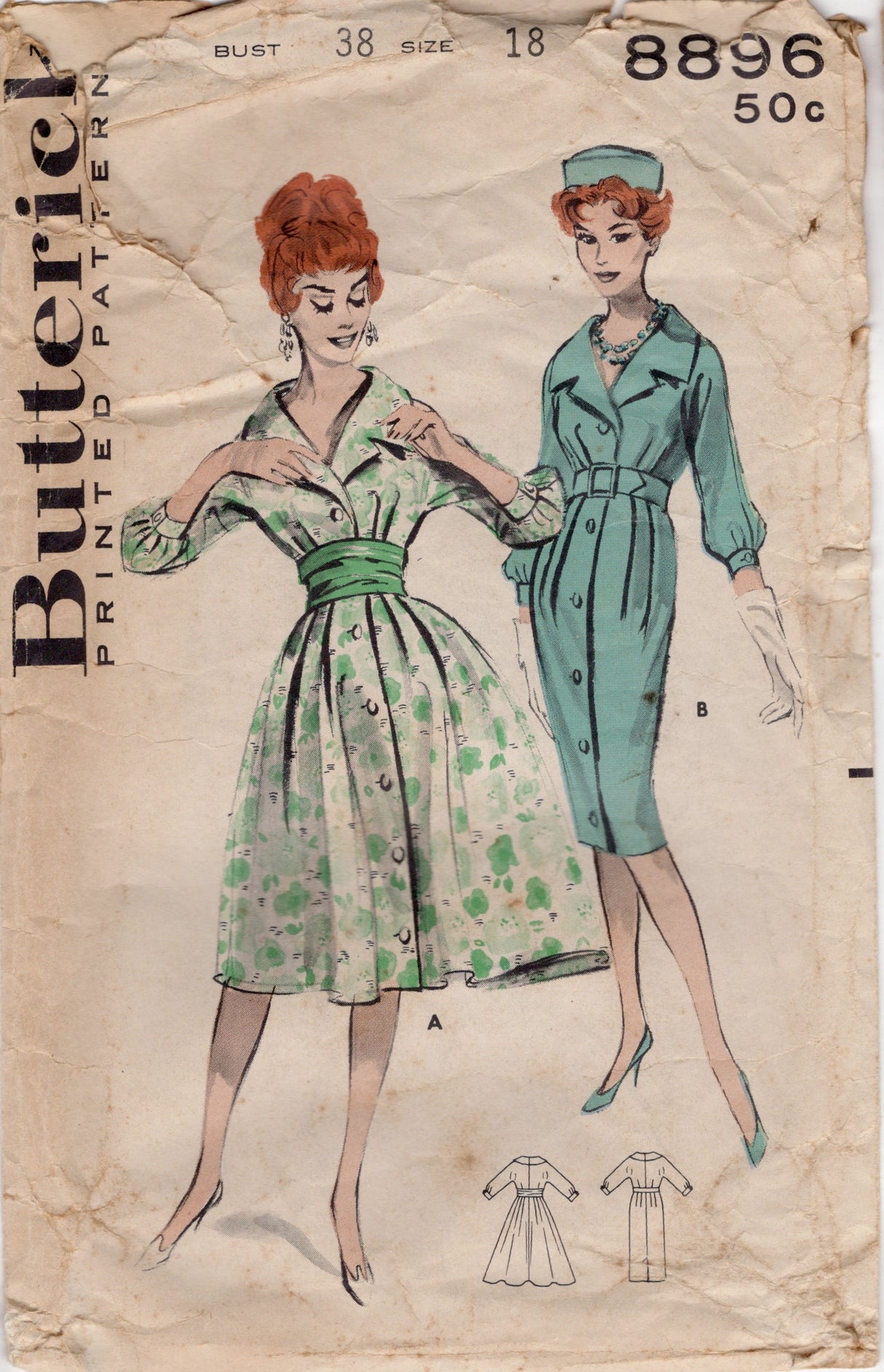1950's Butterick Shirtwaist Button Front Dress Pattern with Two Skirt styles - Bust 38" - No. 8896